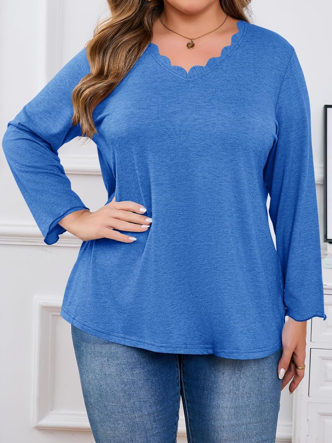 Beautife Womens Plus Size Long Sleeve T-Shirts Trendy Casual Scallop Trim V Neck Tunic Tops Curvy Loose Fit Fall Blouse Tees - Image 5