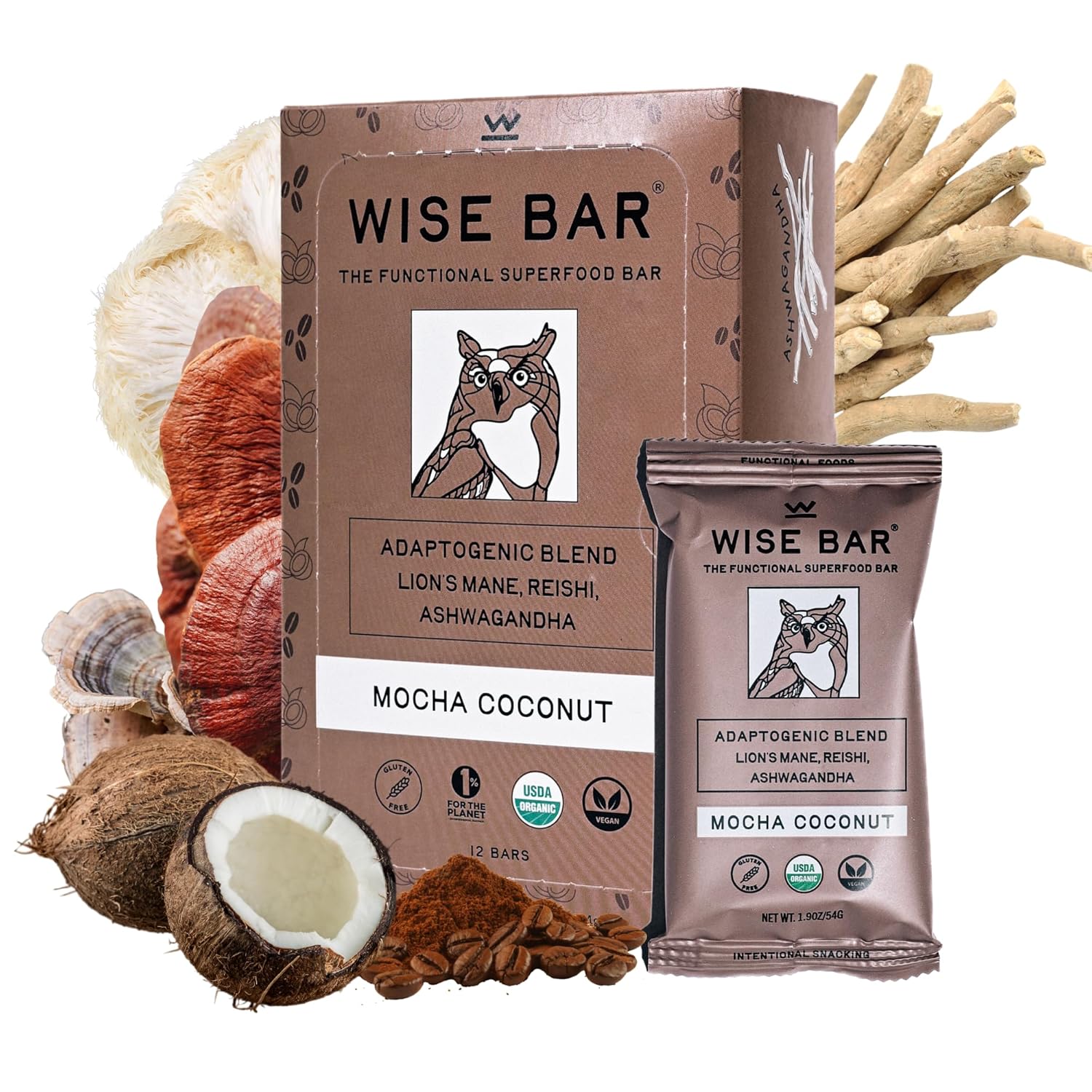 Wise Bar Adaptogen Mushroom Nutrition Bars with Reishi, Lions Mane & Ashwagandha, Organic Vegan & Gluten Free Snacks for Natural Focus, Energy & Immunity Support, Mocha Coconut Flavor, 12 Count