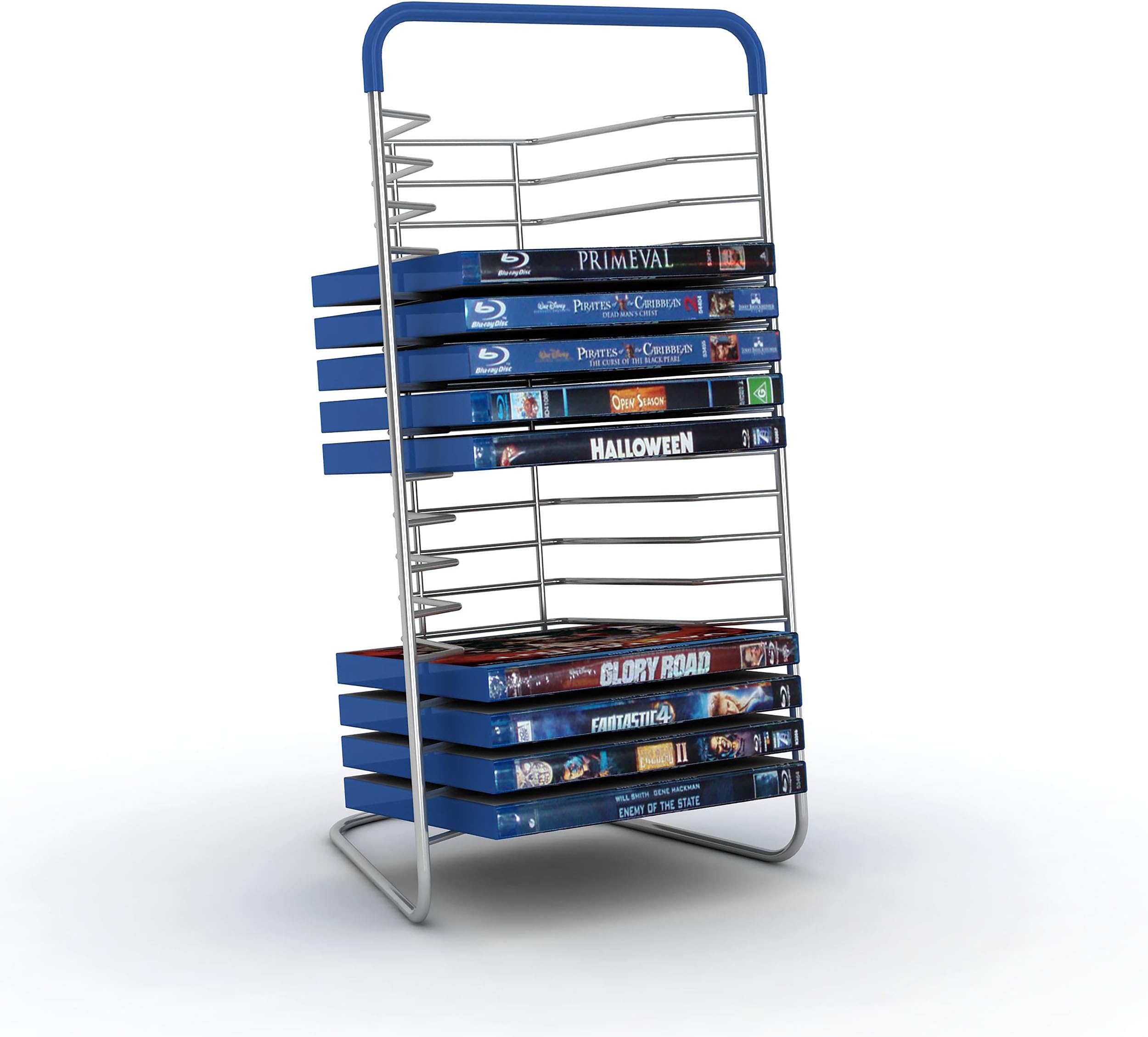 Atlantic Nestable 16 Blu-Ray/Games (Small Format) Rack - Space Saving Modern Design in High End Gunmetal Finish with Blue Molded Handle, PN63735592
