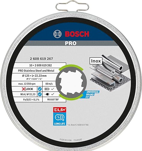 Miniatura 2 de Bosch Professional 2608619267 - Juego de 10 discos de corte recto estándar (para INOX, X-Lock, diámetro de 4.921 in, diámetro de 0.875 in, grosor