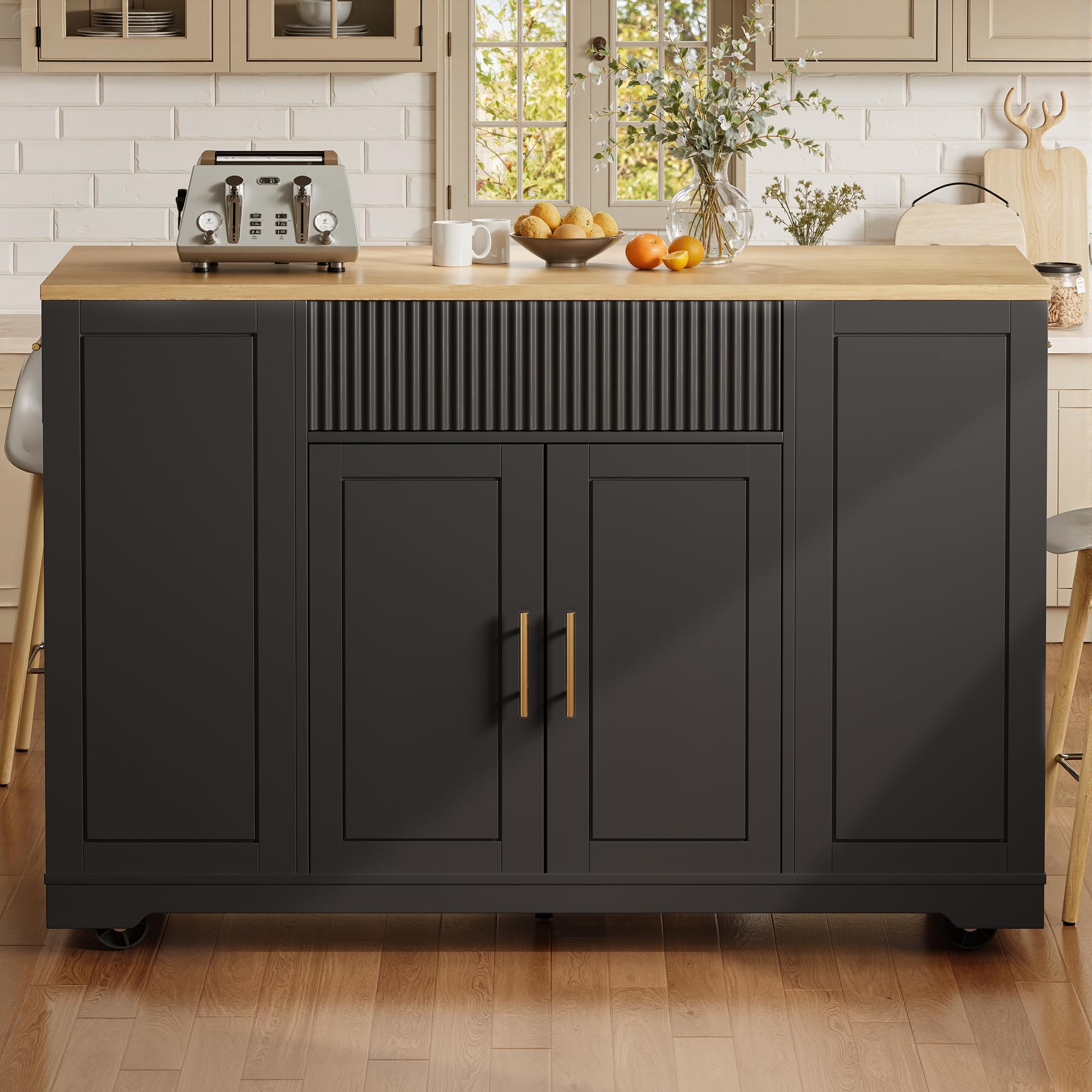 Isola da Cucina, Armadio da Cucina, 120 x 50 x 92 cm, Carrello di Servizio, con Scomparto per Pattumiera, Ripiani Regolabili, Due Ante e TRE Cassetti (Nero)