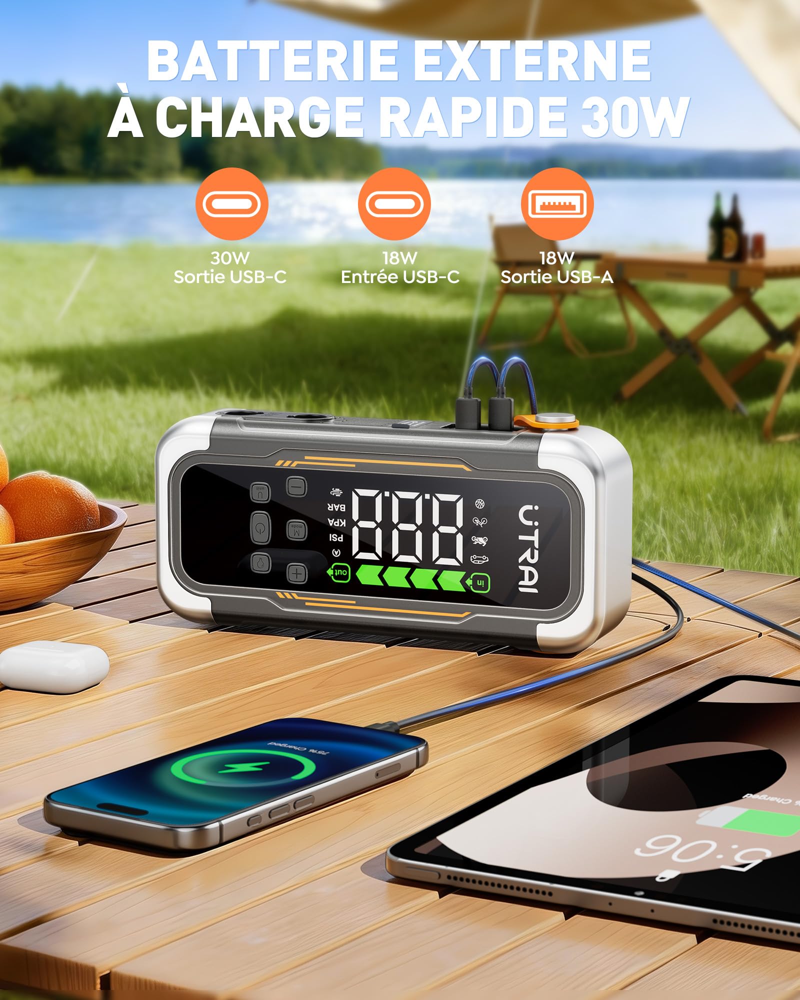 UTRAI Booster Batterie Voiture avec Gonfleur 7000A, Demarreur Batterie Voiture avec Sortie PD 30W, Souffleur, Lampe LED D’Urgence 800 Lumens, Jump Starter Applicable à Tous Gaz ou 10L Diesel