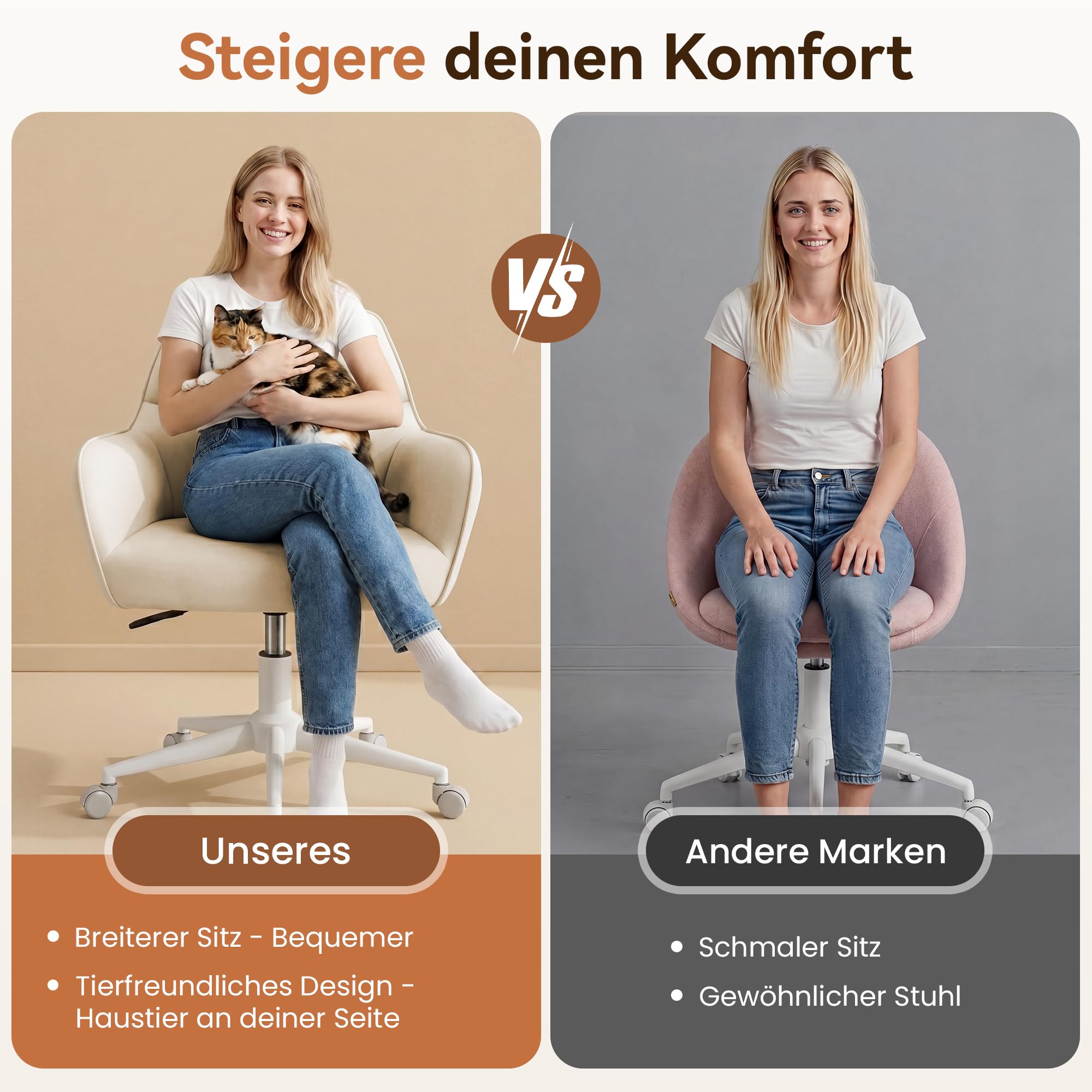YOUDENOVA Schreibtischstuhl, Drehstuhl mit Rollen, Schminkstuhl Höhenverstellbar, Homeoffice Stuhl, Bürostuhl Ergonomisch, Vanity Chair für Mädchen Arbeitszimmer Schlafzimmer Büro, Samt Beige
