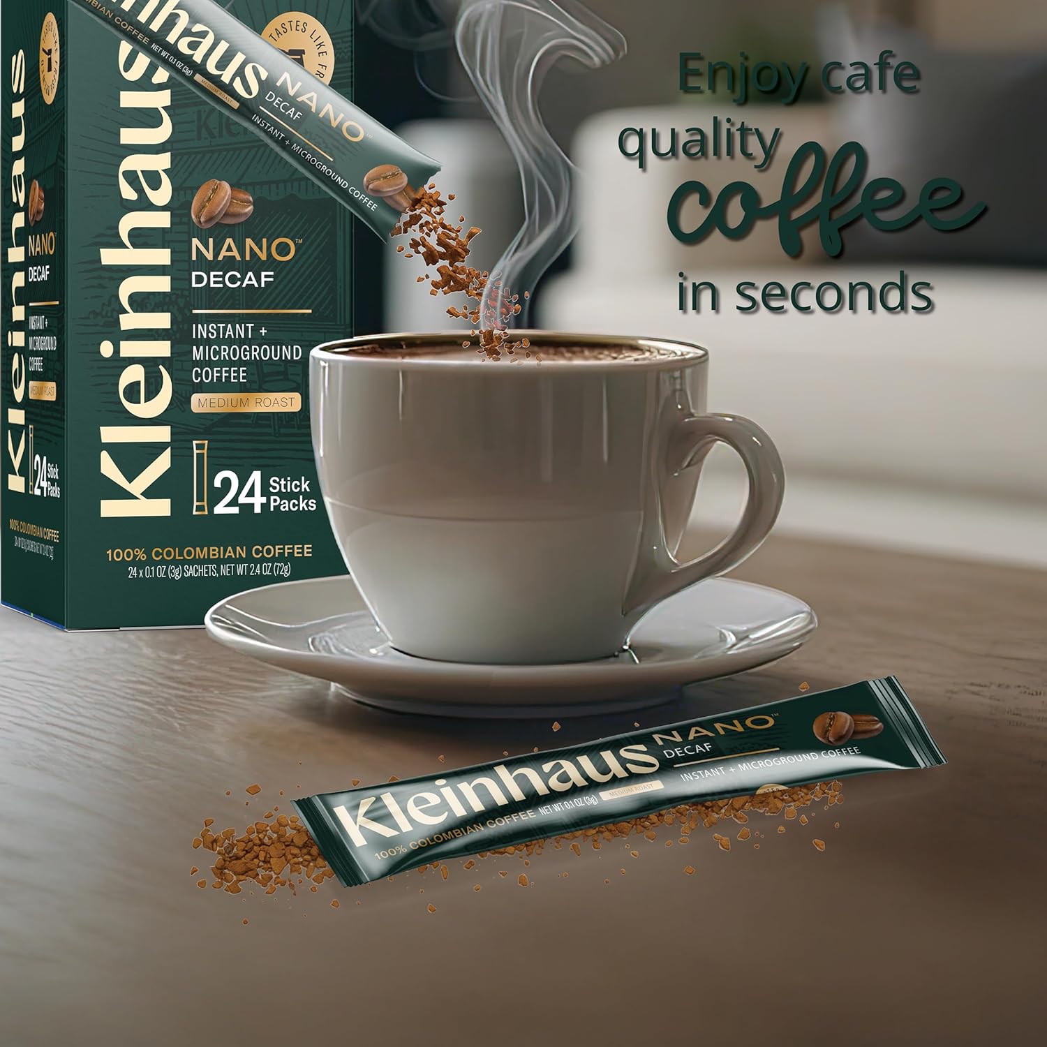 Kleinhaus Decaf Nano Single-Serve Instant Coffee + Microground | 100% Colombian Arabica Coffee | Freeze dried | Fresh Brewed Taste | 6 X 24 Packets