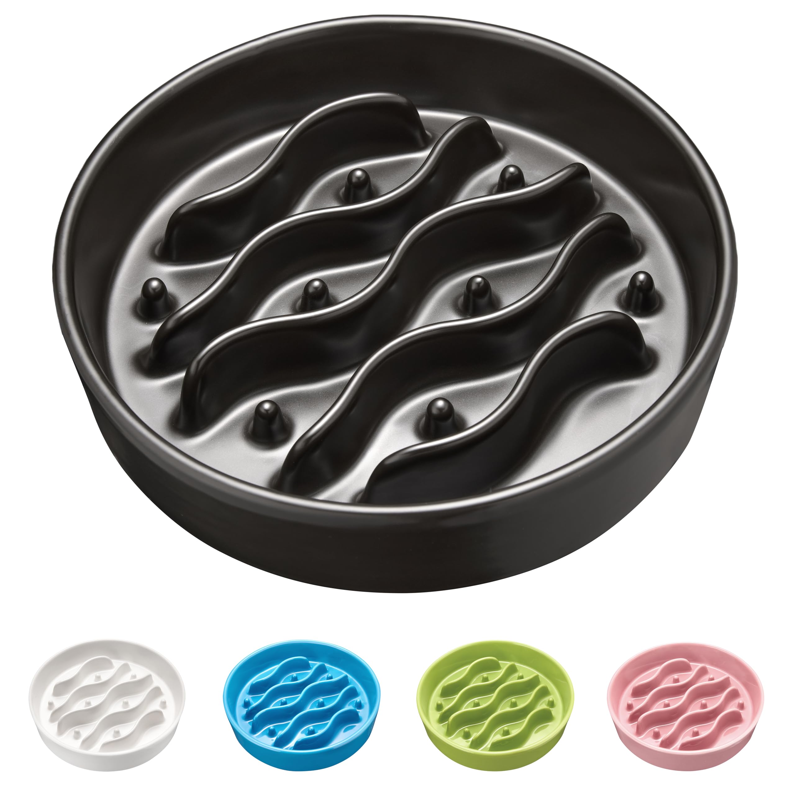 Ceramic Slow Feeder Dog Bowls for Medium and Large Dogs, 2.0 Cups Dog Slow Feeder for Fast Eater, 30oz, 8in, Black