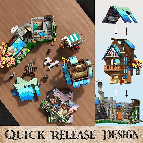 Miniatura 6 de Juego de construcción medieval para adultos, arquitectura medieval de casa con cabina de patrulla y establo de caballos, juego de ladrillos de