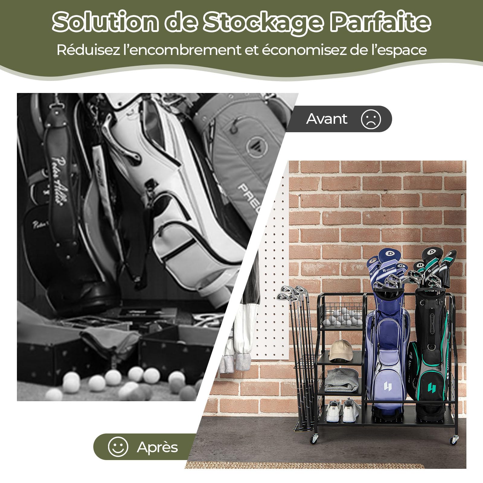 GYMAX Organisateur Rangement pour Clubs de Golf avec 4 Roues Verrouillables, Rangement de Sac et Accessoires de Golf avec Étagère et Crochets