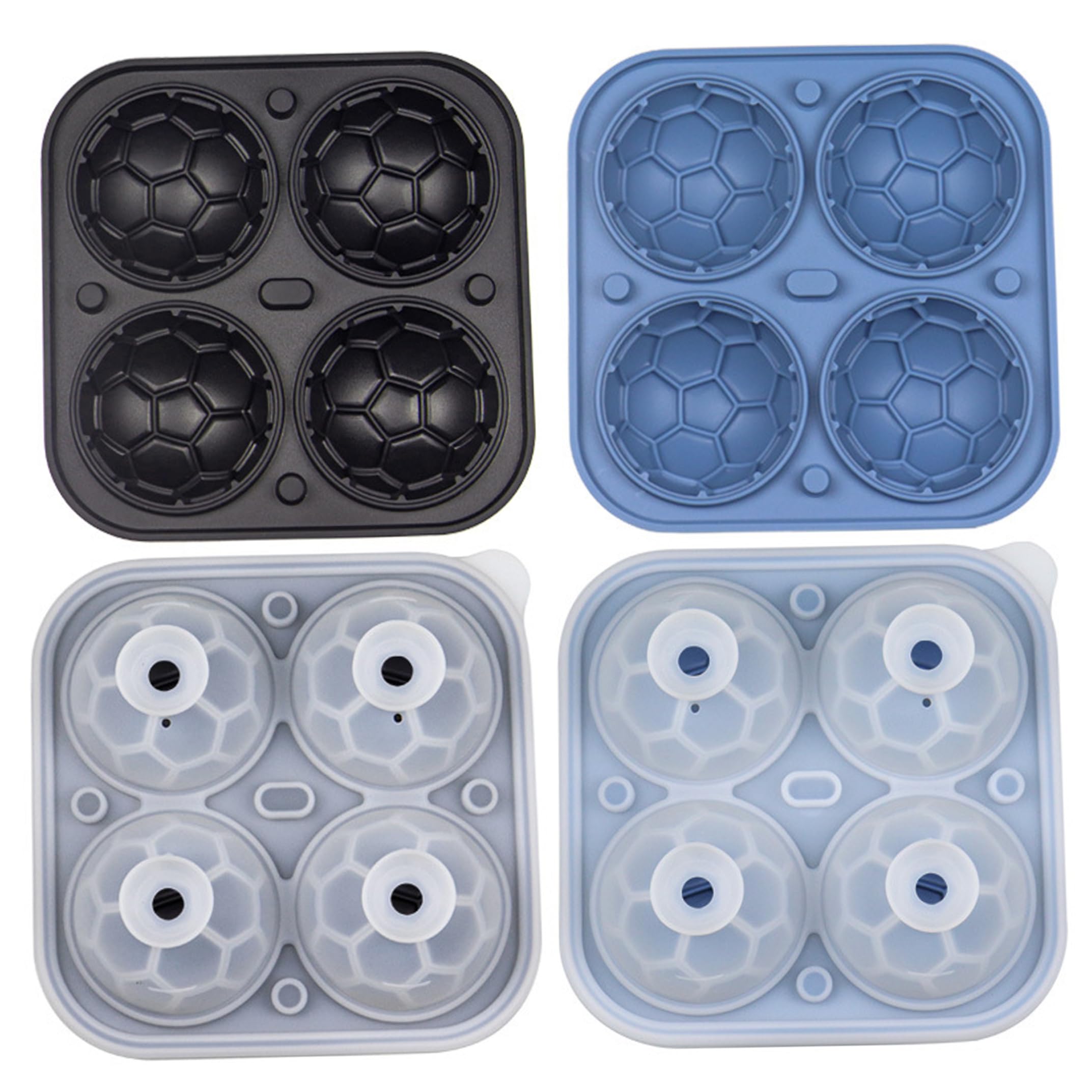 2PCS Silicone Ice Ball Mold, 3D Sports Ball Shaped Sphere Ice Mold 4-Cavity for Cocktails, Bourbon, Brandy, Whiskey, Blue & Black, Soccer ;1