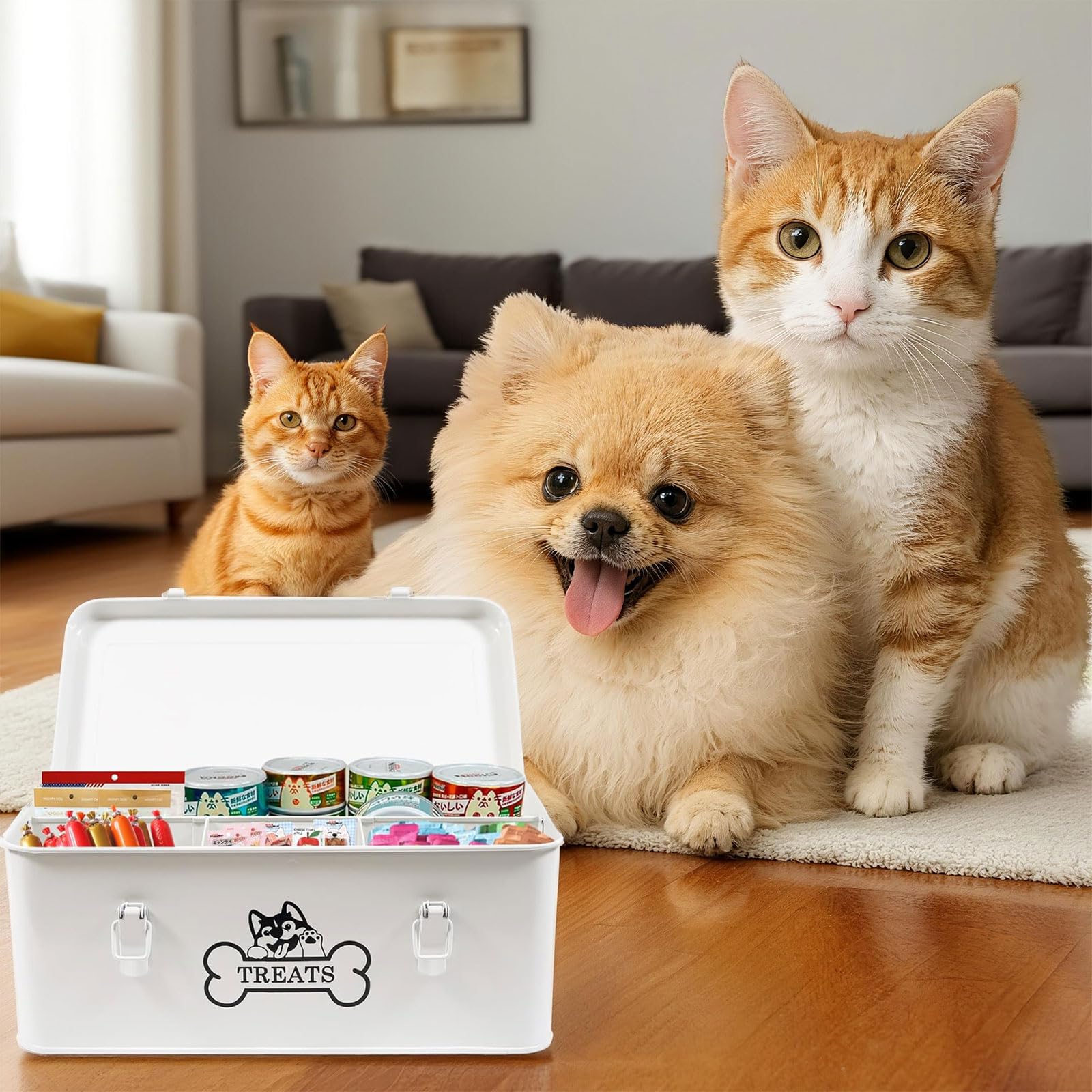 Récipient en métal pour chien - 8,5 l - Hermétique avec couvercles et compartiments de séparation - Blanc - Rangement de friandises avec serrure pour nourriture sèche, boîte à goûter, étagère