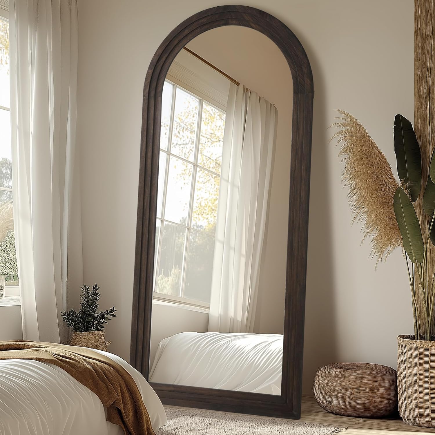 Rustic Standing Full Length Mirror Wood Frame, 71"X32" Large Arched Floor Mirror with Stand, Farmhouse Wood Mirror Full Length for Bedroom Living Room Entryway, Leaning or Wall Mounted, Brown - Image 2