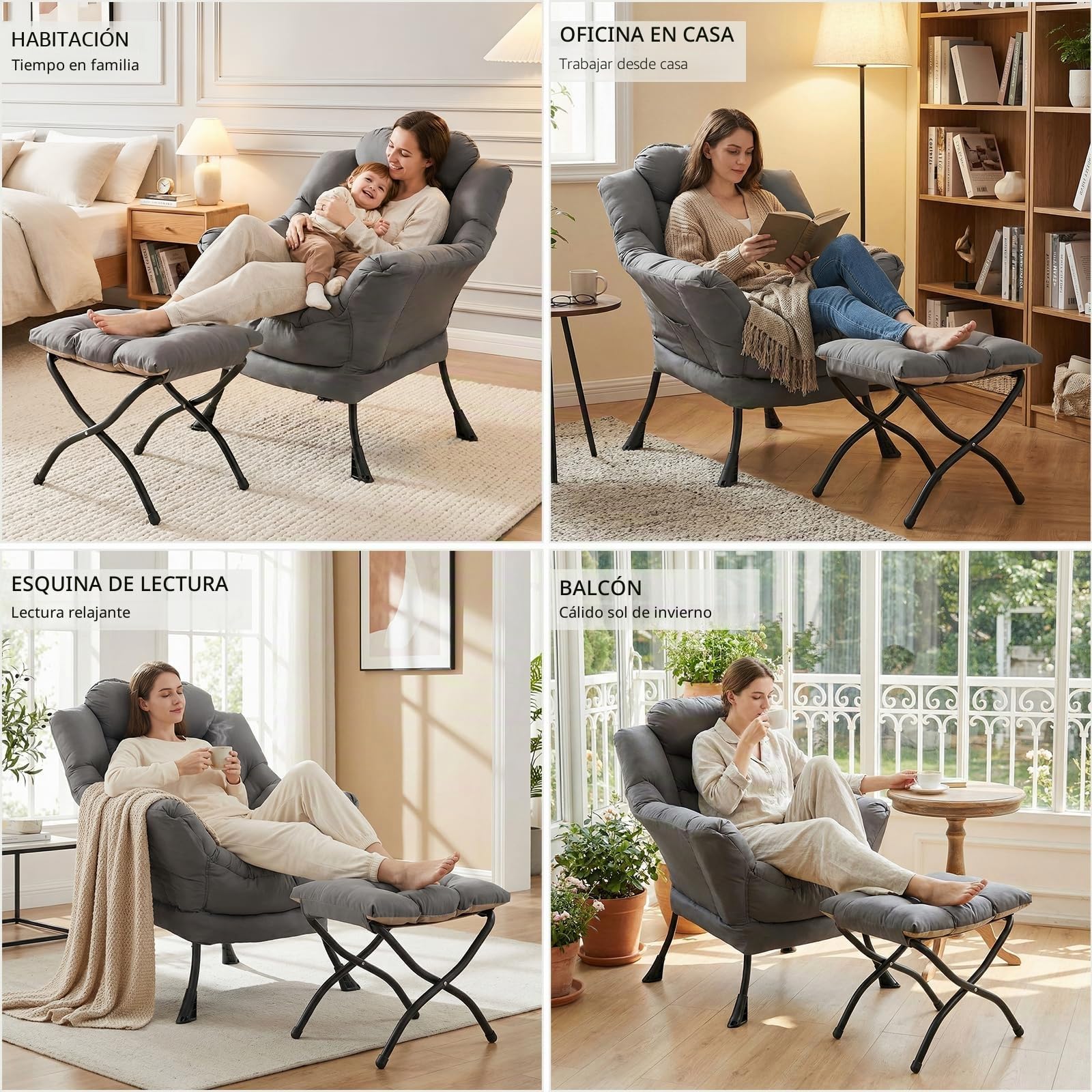 Clevich Sillón de Orejas con Taburete, Silla Lazy Chair con Bolsillo Lateral y reposapiés, sillón de Lectura para salón, Dormitorio y Oficina, Gris Oscuro