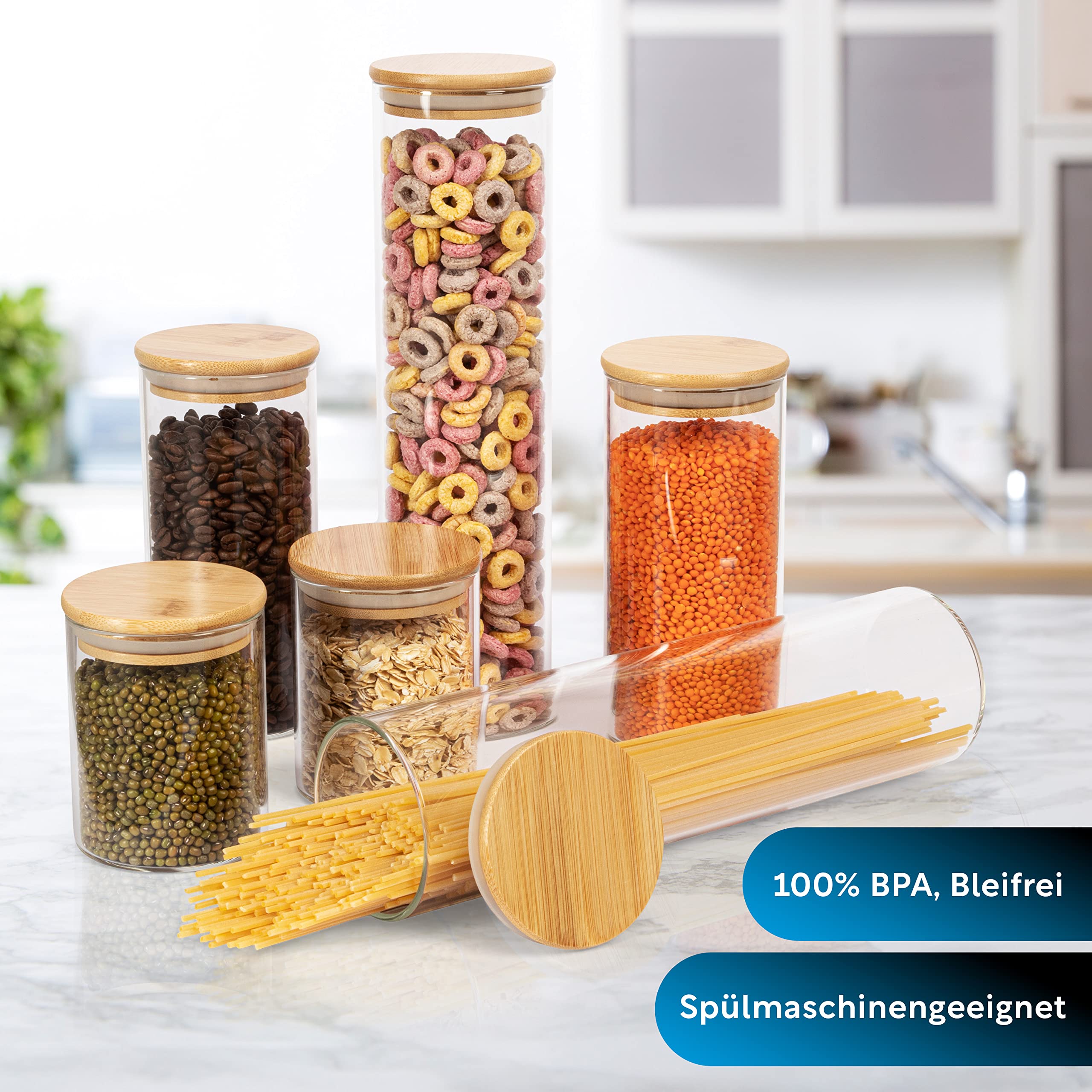 CLIDOR ® Set di 6 barattoli rotondi di alta qualità, resistenti 3 mm di spessore, contenitori ermetici in vetro con coperchio per una conservazione sicura, barattoli impilabili con coperchio,