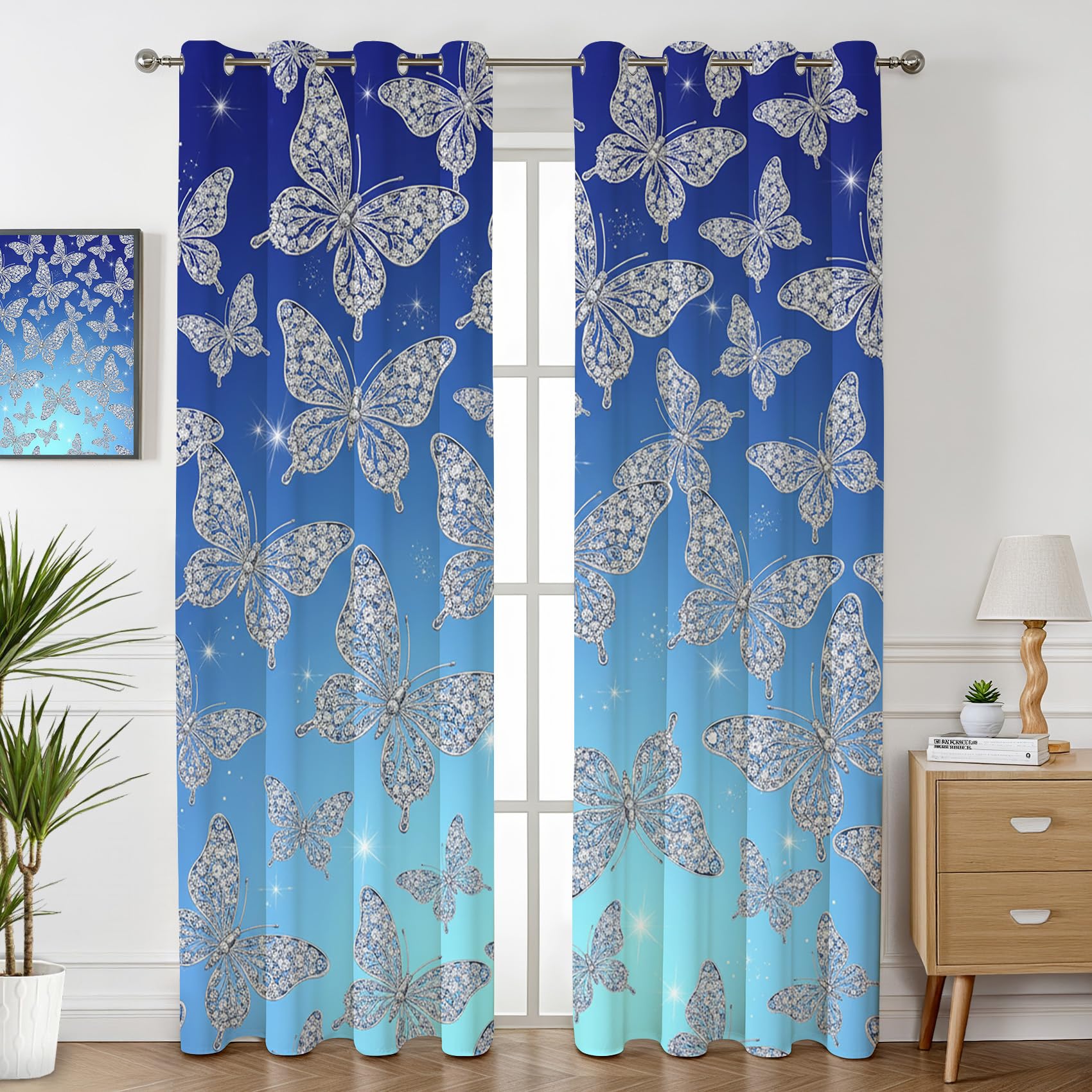 Havenix Ombre Blue Sparkle Butterfly Blackout Curtains for Bedroom Living Room, Eyelet Curtains 183cm Drop, Thermal Insulated Drapes for Windows, Glitter Silver Patterned Window Treatments, 2 Panels