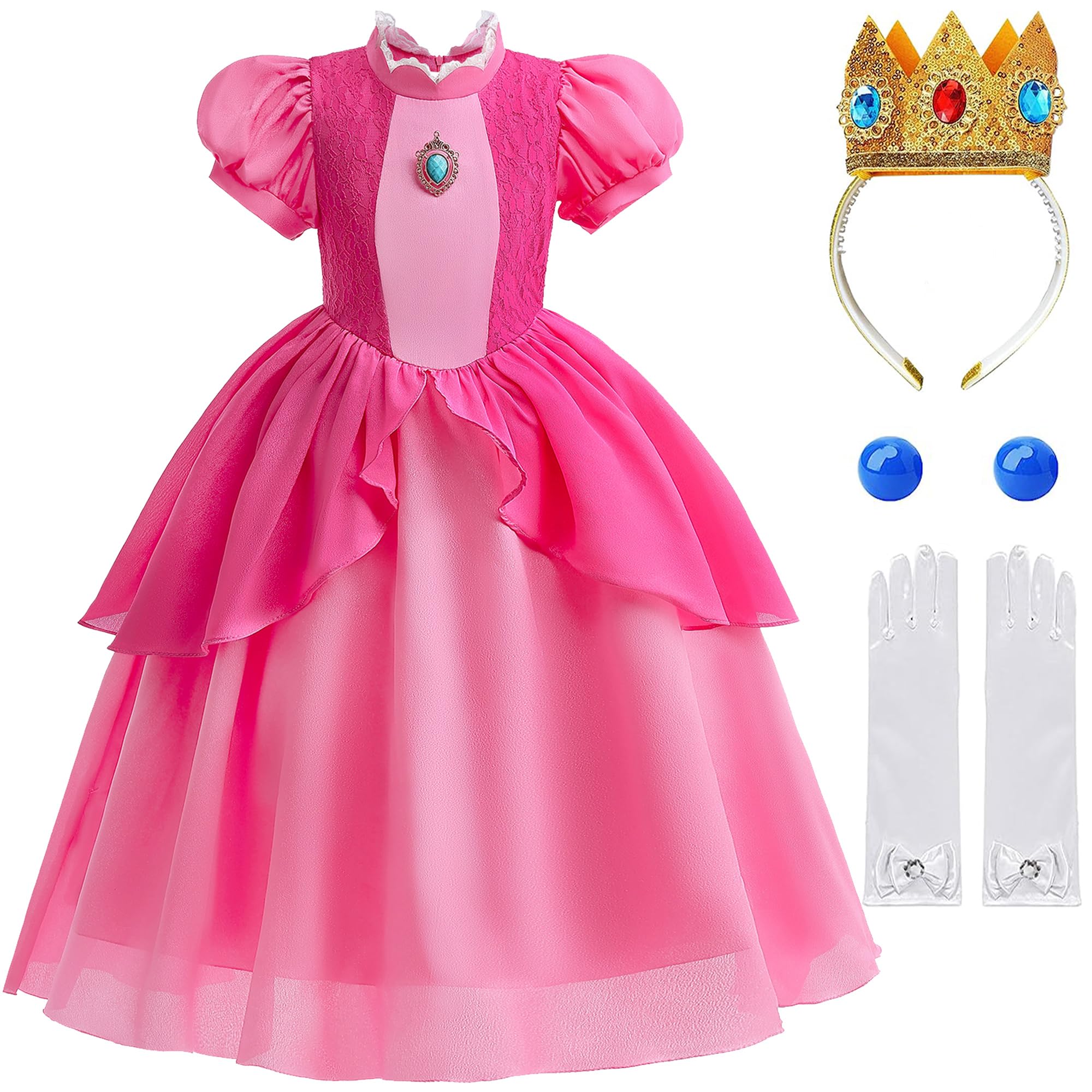juskidPrincess Peach Costume Girls Kids,Princess Peach Dress With Accessories Halloween Costume for Cosplay Peach Princess Outfit
