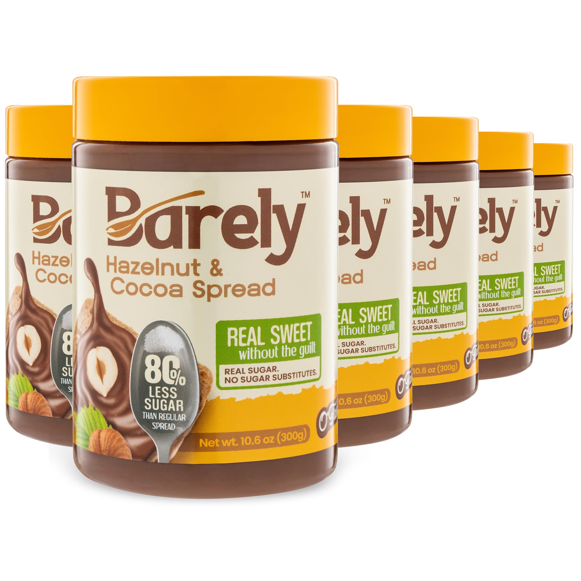Hazelnut & Cocoa Spread by Barely, Low Sugar & No Artificial Sweeteners, Vegan, Keto Friendly, Delicious Chocolate Spread & Dessert Dip – High in Fiber with just 3.2 g Cane Sugar per Serving (6-Pack)