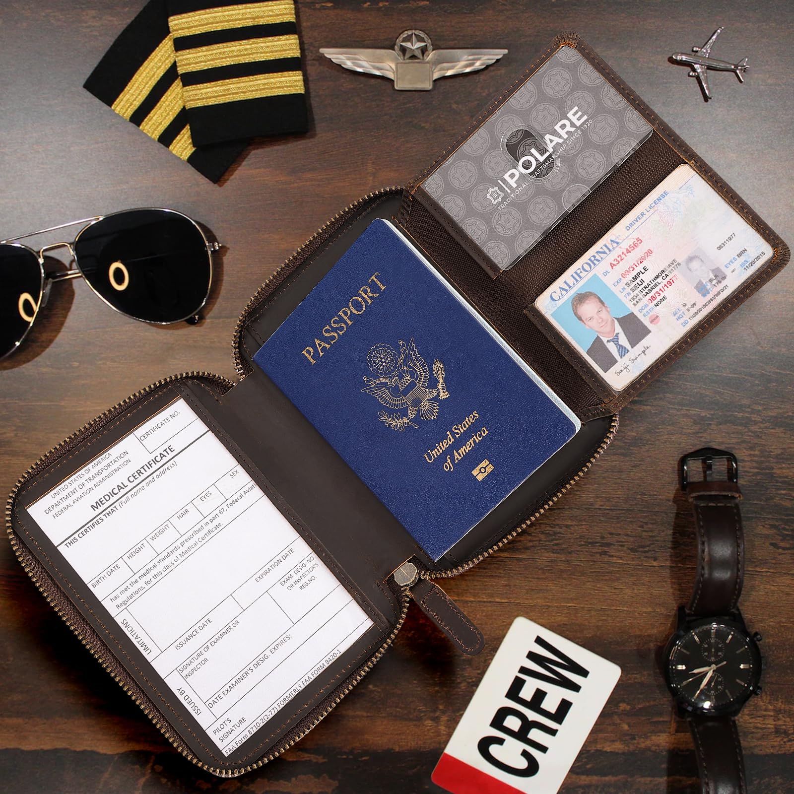 Polare Reisepasshülle aus Leder, RFID-blockierend, dreifach faltbar, Dokumenten-Organizer für Luftfahrt-Profis, Dunkelbraun (YKK-Reißverschluss-Version), Pilotengeldbörse aus Leder