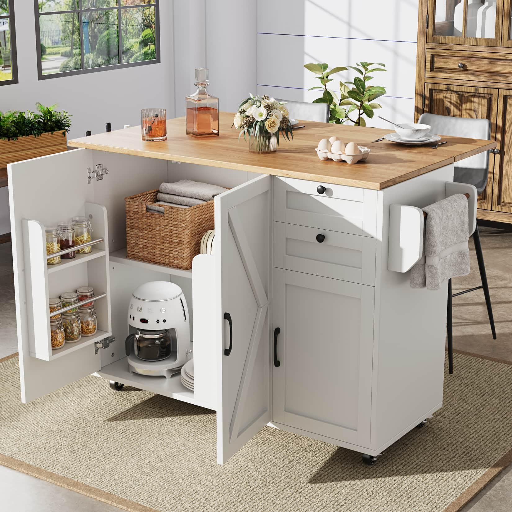 PUGSDRLY Desserte ilôt de Cuisine avec roulettes,Buffet Cuisine de Rangement avec Plateau de Table Pliable,Chariot de Repas,2 Tiroirs et 3 Portes,Espace de Rangement Multifonctionnel (Blanc-C)