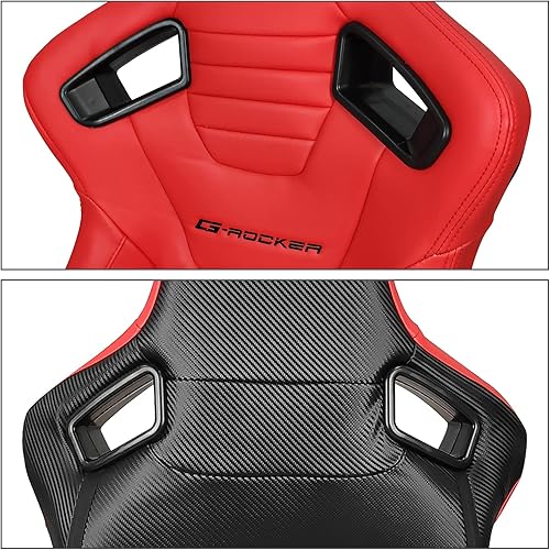 Miniatura 5 de IKON MOTORSPORTS, Par de asientos universales de carreras con deslizadores dobles, poliuretano rojo y cuero de carbono, reclinable, izquierda y
