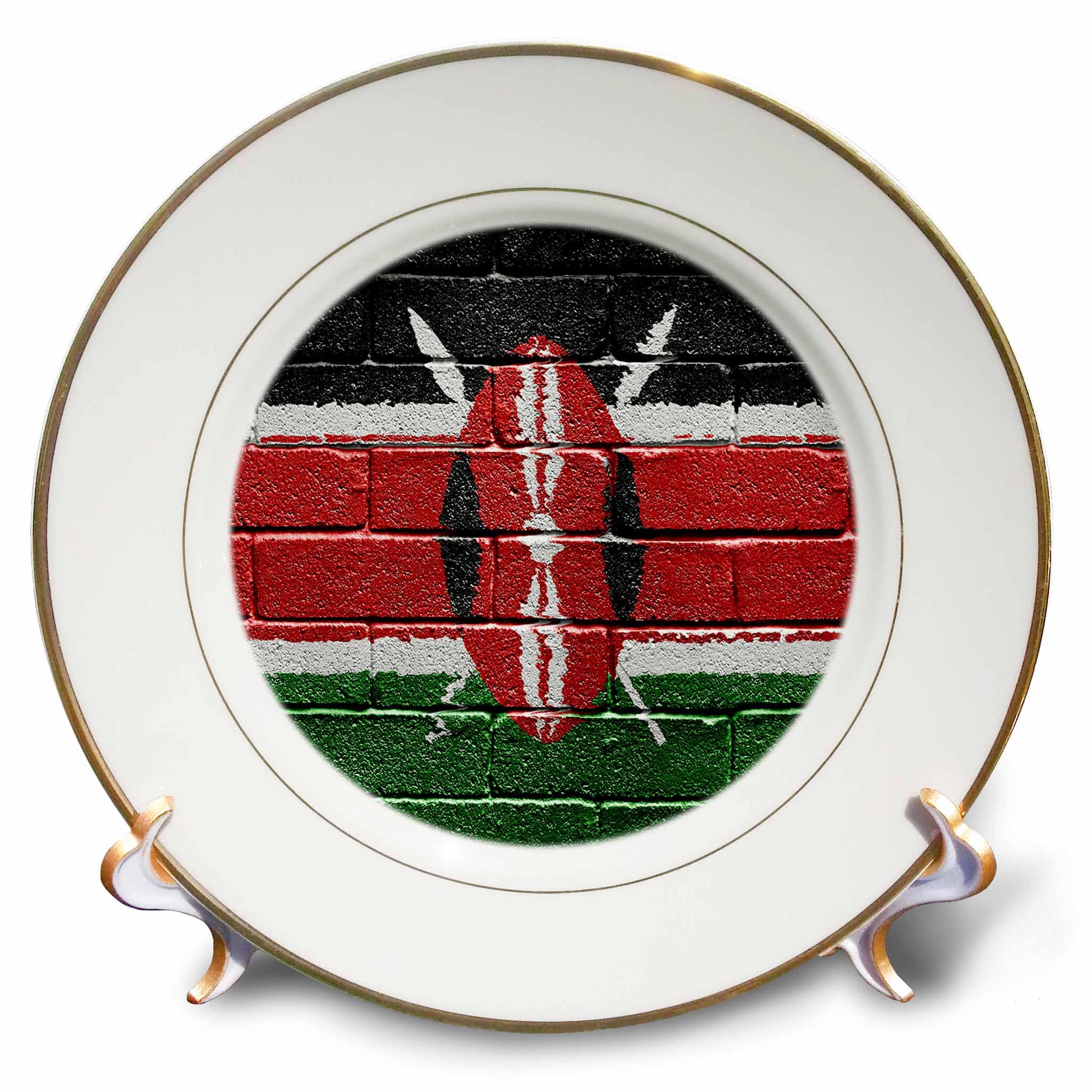 3dRose cp_156916_1 National Flag of Kenya Painted Onto a Brick Wall Kenyan-Porcelain Plate, 8-Inch