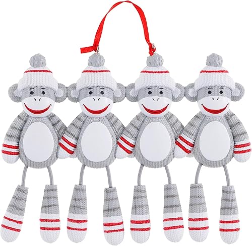 Miniatura 3 de Sock Monkey Family - Adorno colgante para árbol de Navidad, regalo de Navidad, sin mañana, personalizado (Familia de 4)