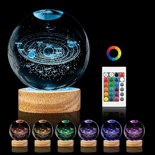 PYMIN3D Luz nocturna de bola de cristal con sistema solar 3D, lámpara de bola de cristal k9 de 3.15 pulgadas con cambio de 16 colores, base de