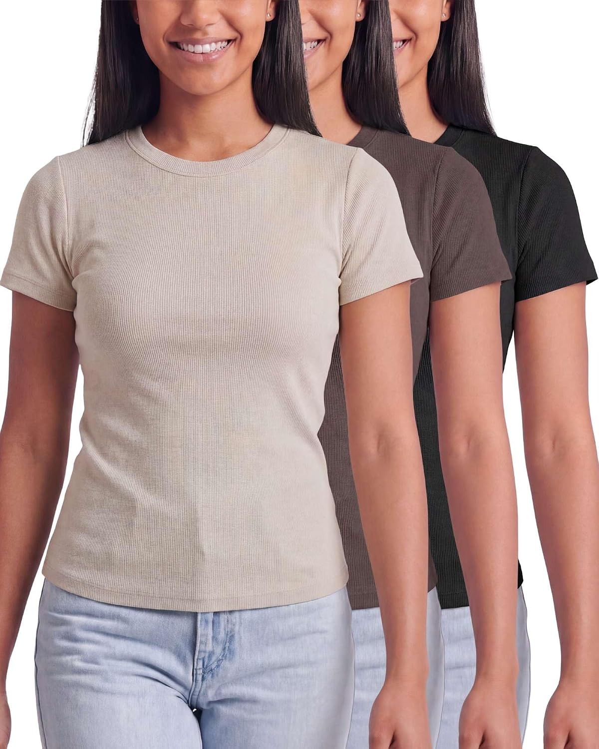 Real Essentials 3 Pack: Women's Ribbed Cotton T Shirts Short Sleeve Crew Neck Soft Stretchy Tees Casual Summer Spring Tops