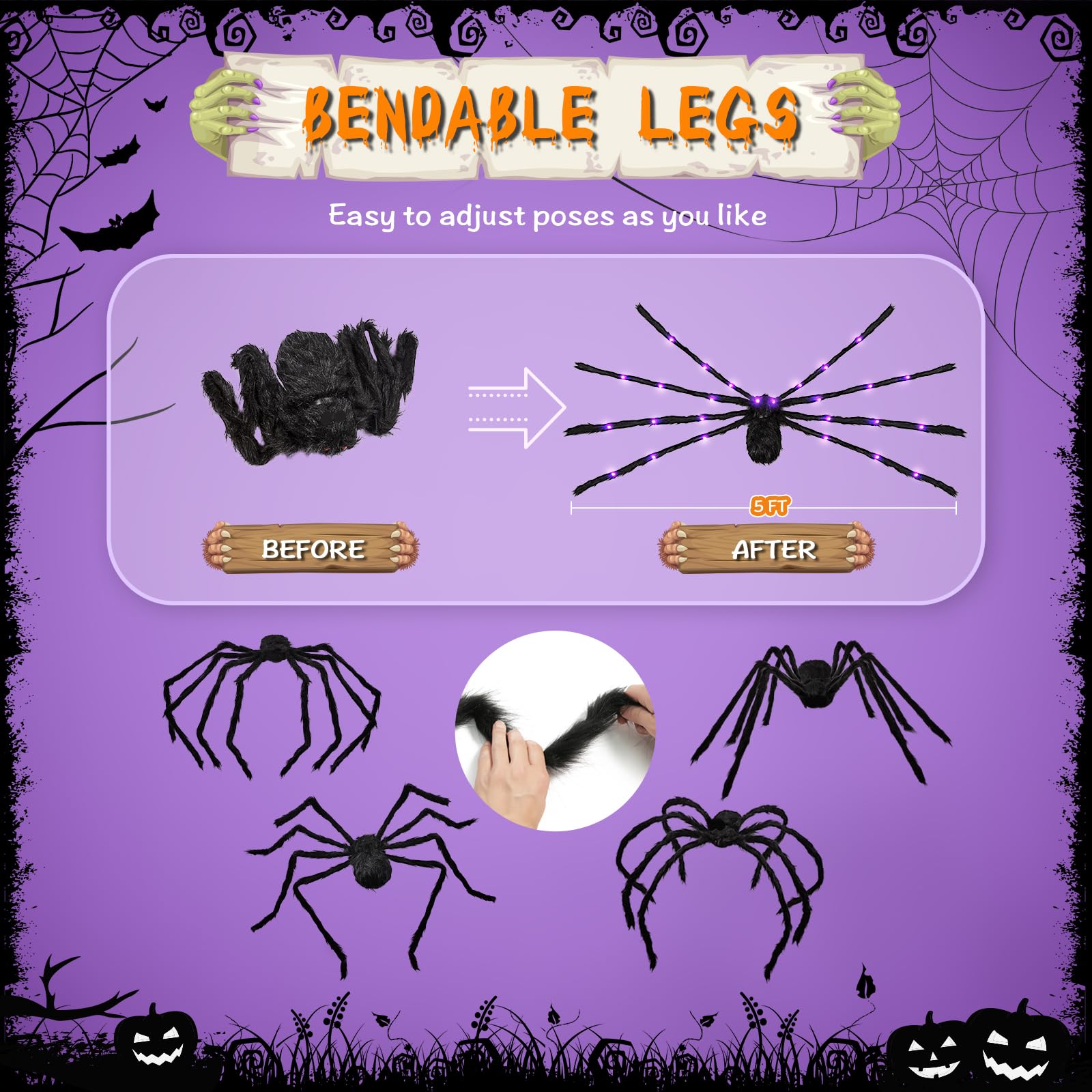 Araña Gigante De Halloween LED 125 Cm - Incluye Telaraña Y 20 Mini Arañas. Decoración Espeluznante Para Exterior E Interior.