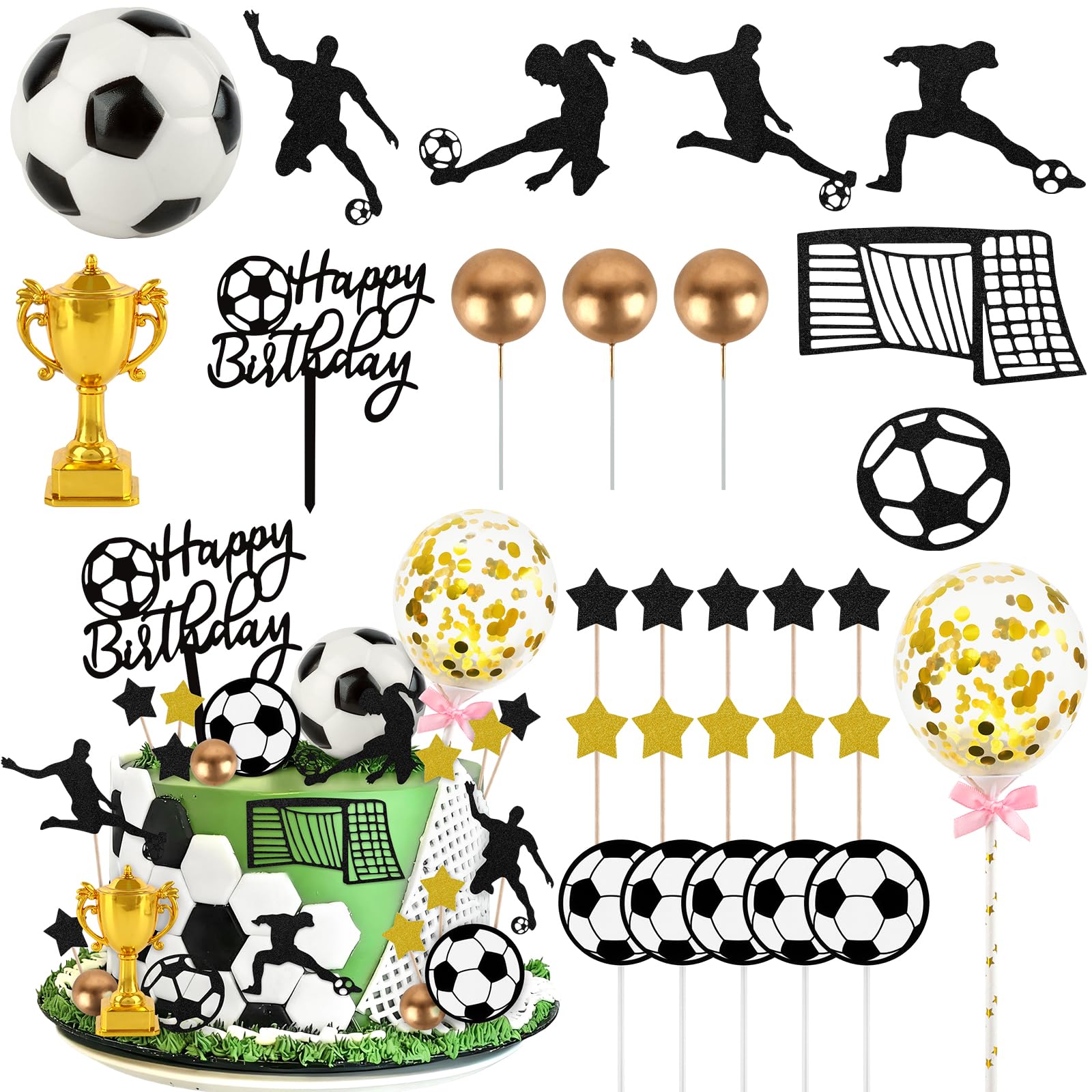 Hooqict 28Pcs Soccer Cake Decorations Set with Mini Balls, Players, Goal, Balloon, Soccer Ball Cake Toppers & Cupcake Toppers for Kids Boys Men Sports Themed Birthday Party Decorations Supplies — image 1