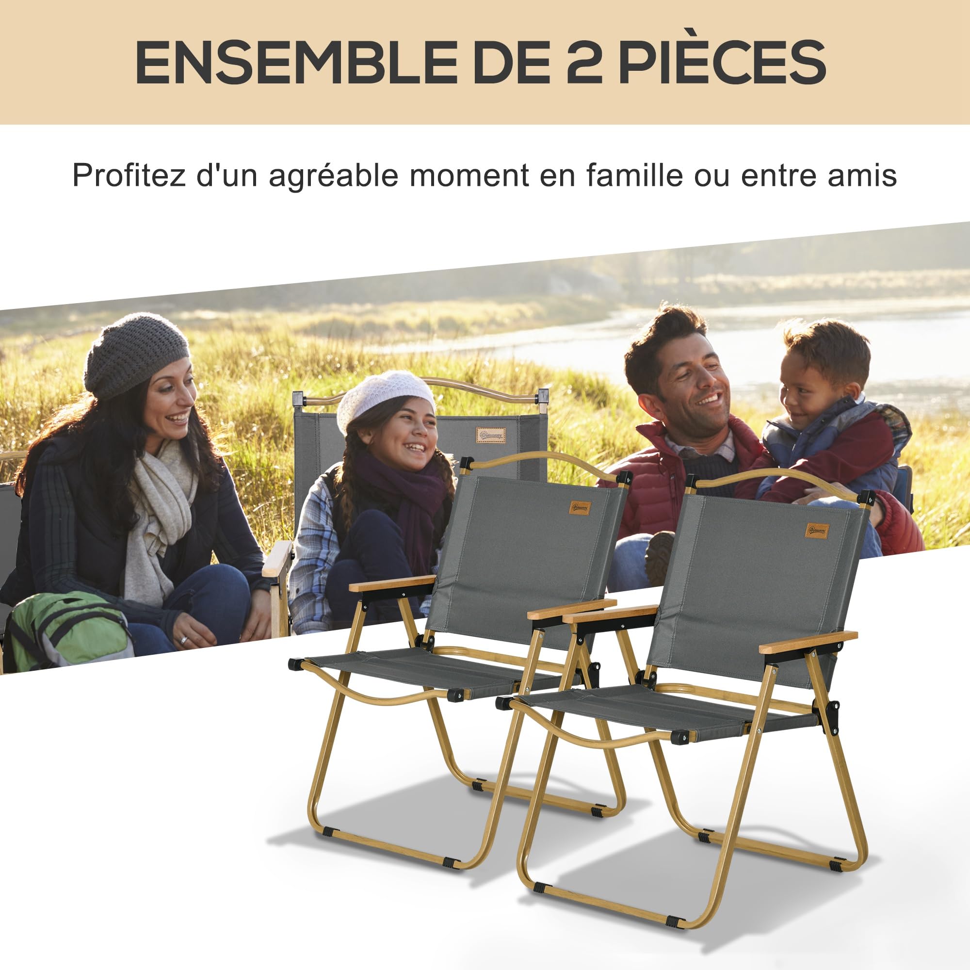 Outsunny Lot de 2 chaises de Camping Chaise de pêche Pliante - Tissu Oxford et Structure Acier - 54 x 59 x 78 cm - Gris foncé