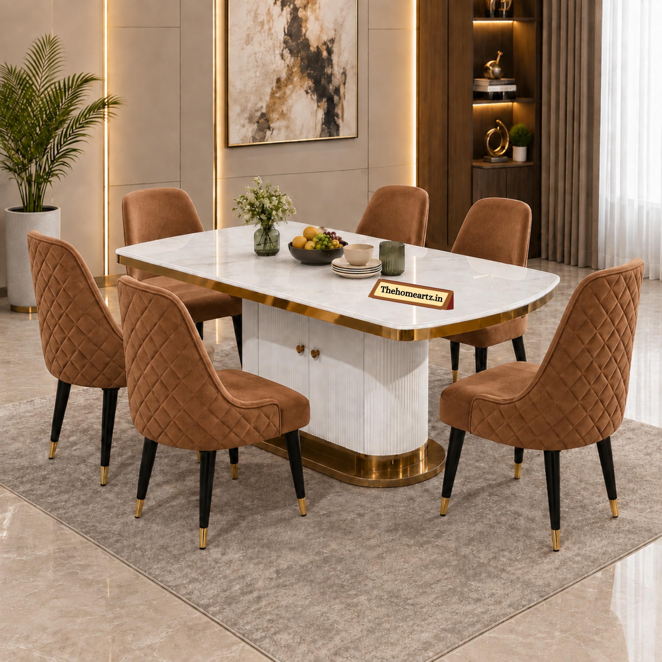 6-Seater Modern Elite Opal Storage Wooden Dining Table Set | 2 Year Warranty | Created Italian Statuario Marble Top | Elegant Composite Marble Table with 6 Chairs (Brown)-image-25