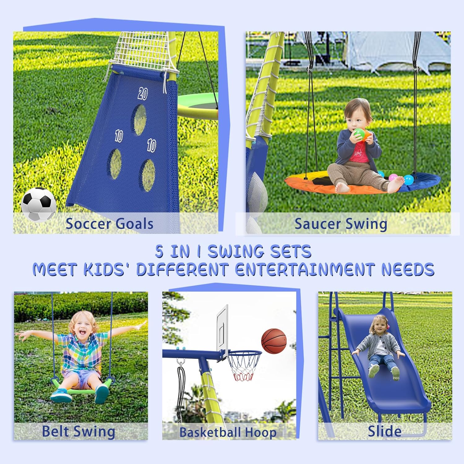 Swing Sets for Backyard with Kids Slide Outdoor Heavy-Duty Metal Playset for Kids 440lbs 5 in 1 Swing Set with Slide, Saucer Swing Seat, Belt Swing, Soccer Goals and Basketball Hoop