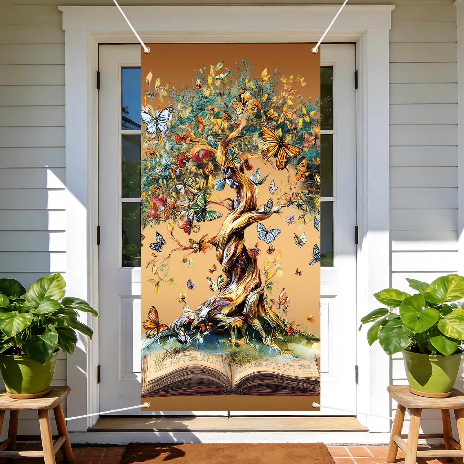 arricraft 1pc Tree of Life Theme Door Cover, 72.83"x35.43" Colorful Butterfly Book Tree Pattern Backdrop Banner Door Porch Sign Photography Background for Party Porch Home Decor Accessories