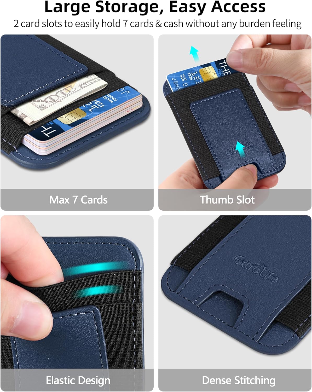 Phone Card Holder, Leather Phone Wallet Stick On, Stronger Adhesive Card Holder for Back of Phone, Credit Card Holder for Phone Case iPhone, Samsung, Android , RFID Blocking, Fit 7 Cards, Navy Blue - Image 3