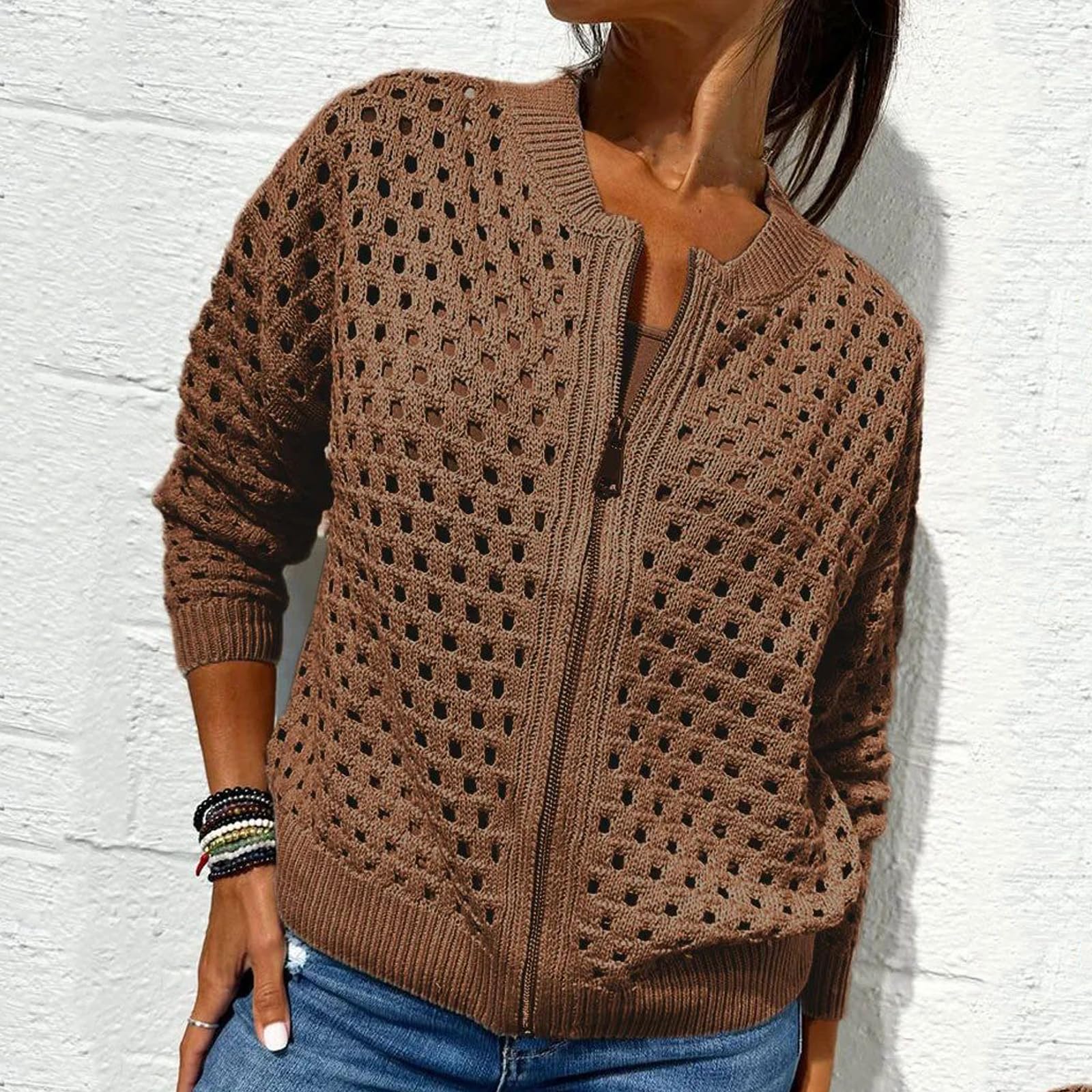 Chaqueta de punto para mujer con cremallera y recortes, suéter de ganchillo con cremallera para mujer, parte superior de punto hueco para mujer, prendas de abrigo de punto de ganchillo