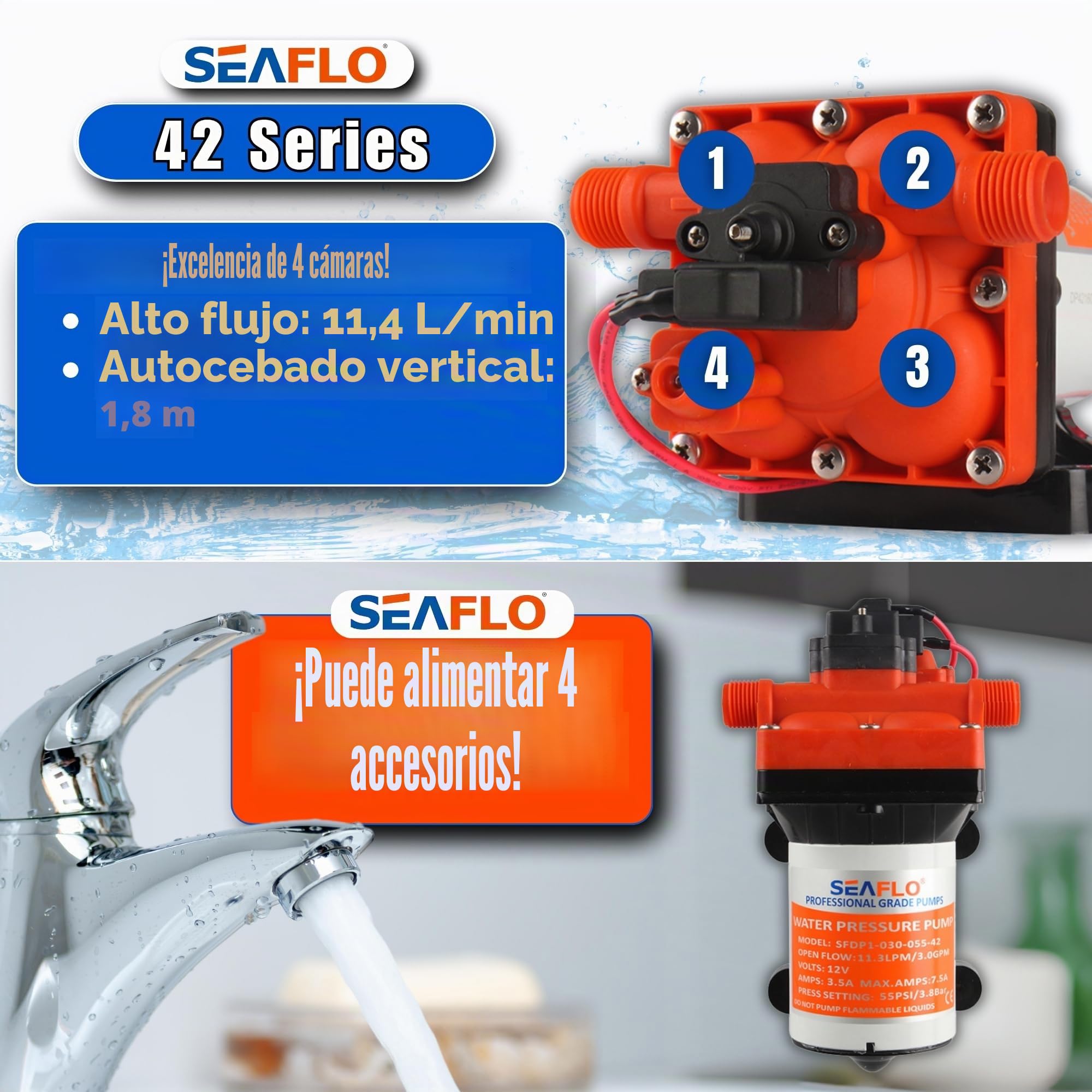 Seaflo Bomba de diafragma Serie 42 con bypass-12V/24V 3.0GPM 55PSI (12 Voltios)