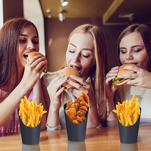 Miniatura 5 de Sieral 100 tazas de embutidos negros de 16 onzas desechables para papas fritas con soporte para papas fritas de papel, conos de charcutería, gofres,