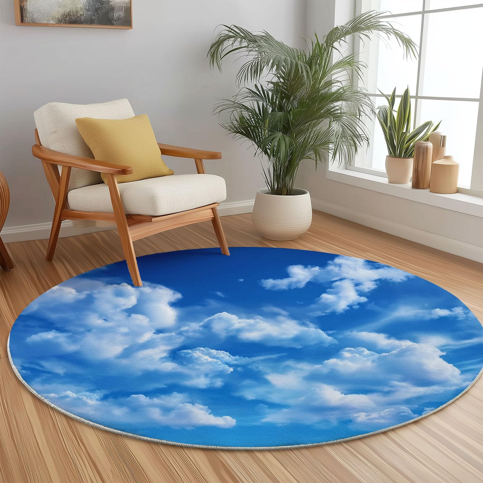 Tappeto Rotondo Fotografia Stile 90cm, Morbido Antiscivolo Lavabile Salotto Passatoia Realismo Cielo Azzurro Nuvole Bianche Tappeto Stampato per Bambini Cameretta Cucina Casa Zona Balcone Blue