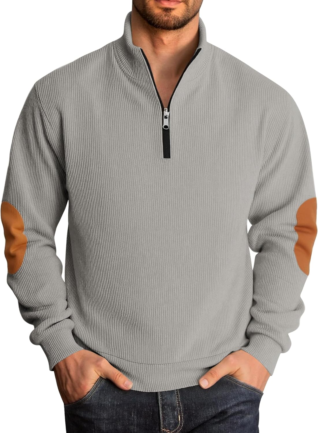 Men's Quarter Zipper Pullover Corduroy Sweatshirts Casual Stand Collar Long Sleeve Knit Top Outdoor Sweater