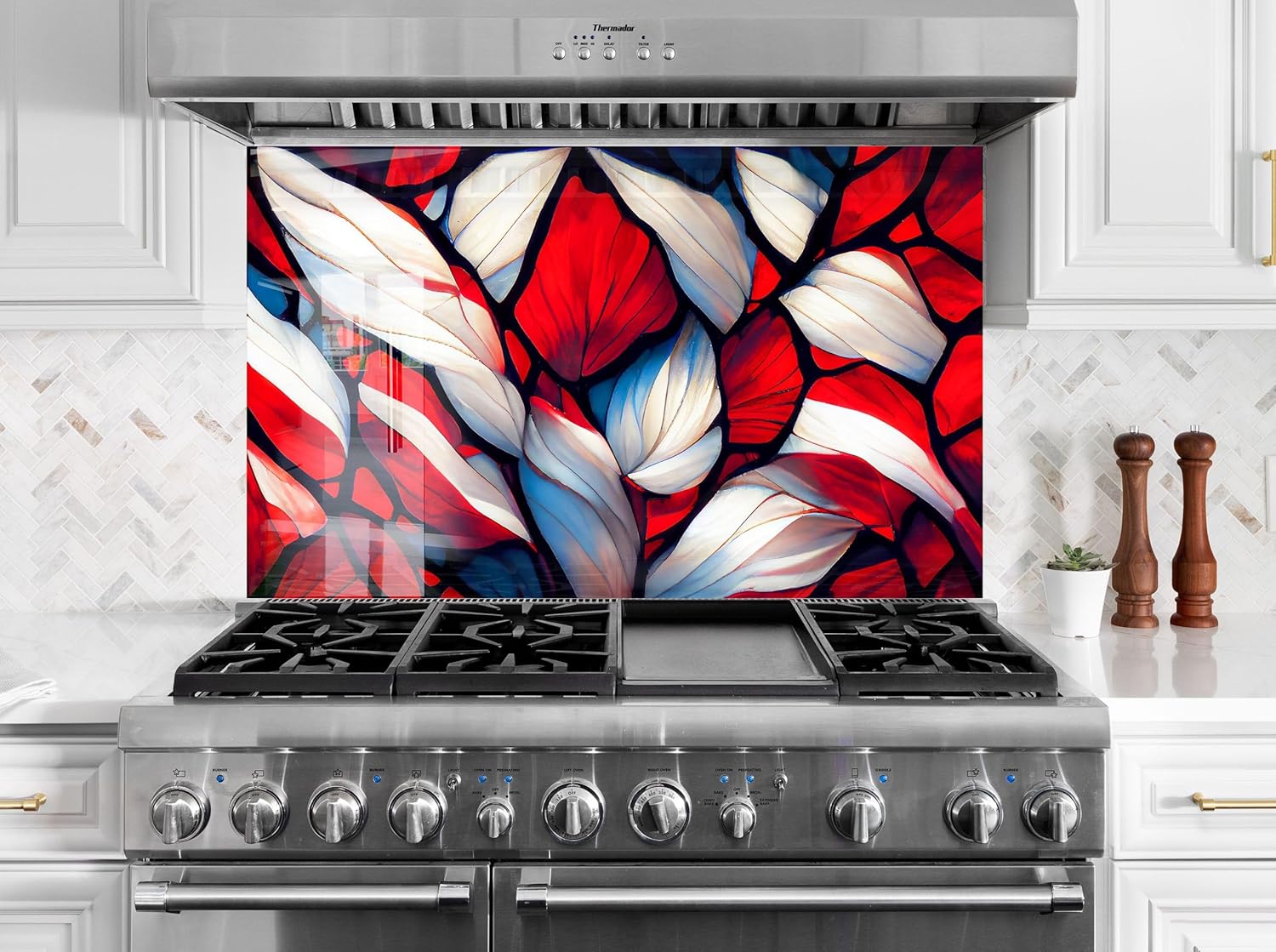 Myphotostation.com 35.4Wx14H''Tempered Glass Red Stained Backsplash Design Cooker Wall Backsplash Panel Glass Splashback for Kitchen Panel Design Stained Tile Splashback