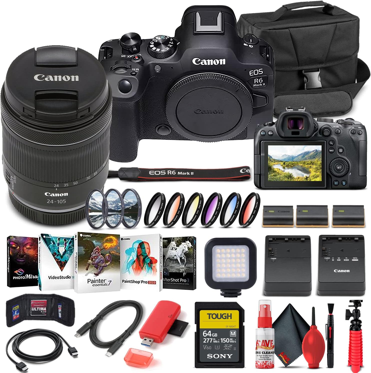 Canon EOS R6 Mark II Mirrorless Camera with 24-105mm f/4-7.1 Lens (5666C018) + 64GB Card + Case + Corel Photo Software + 2 x LPE6 Battery + External Charger + LED Light + More (INTL. Model) (Renewed) - Image 1 of 7