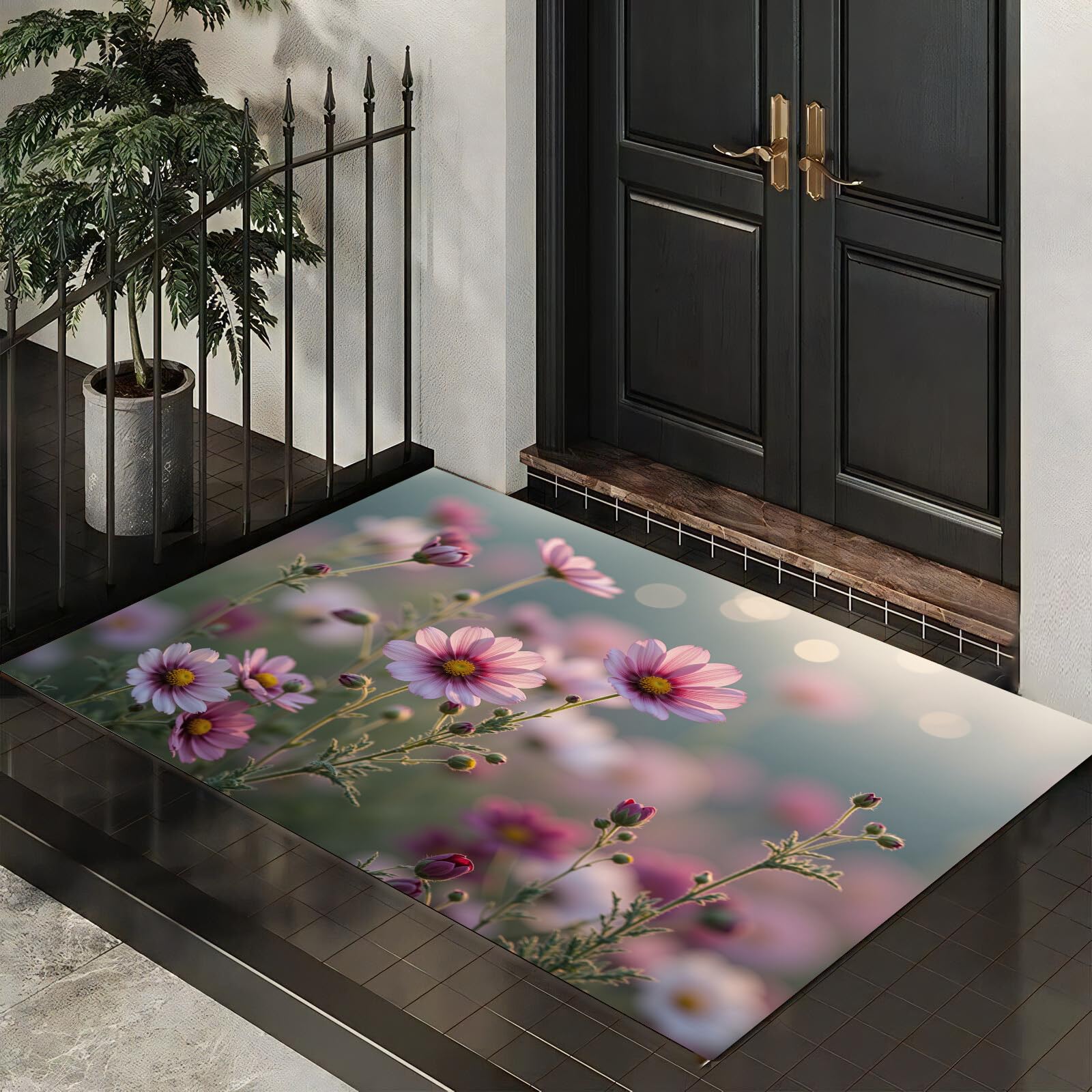 Paillasson intérieur réalisme naturel 60x90 cm tapis d'entrée fleurs de cosmos