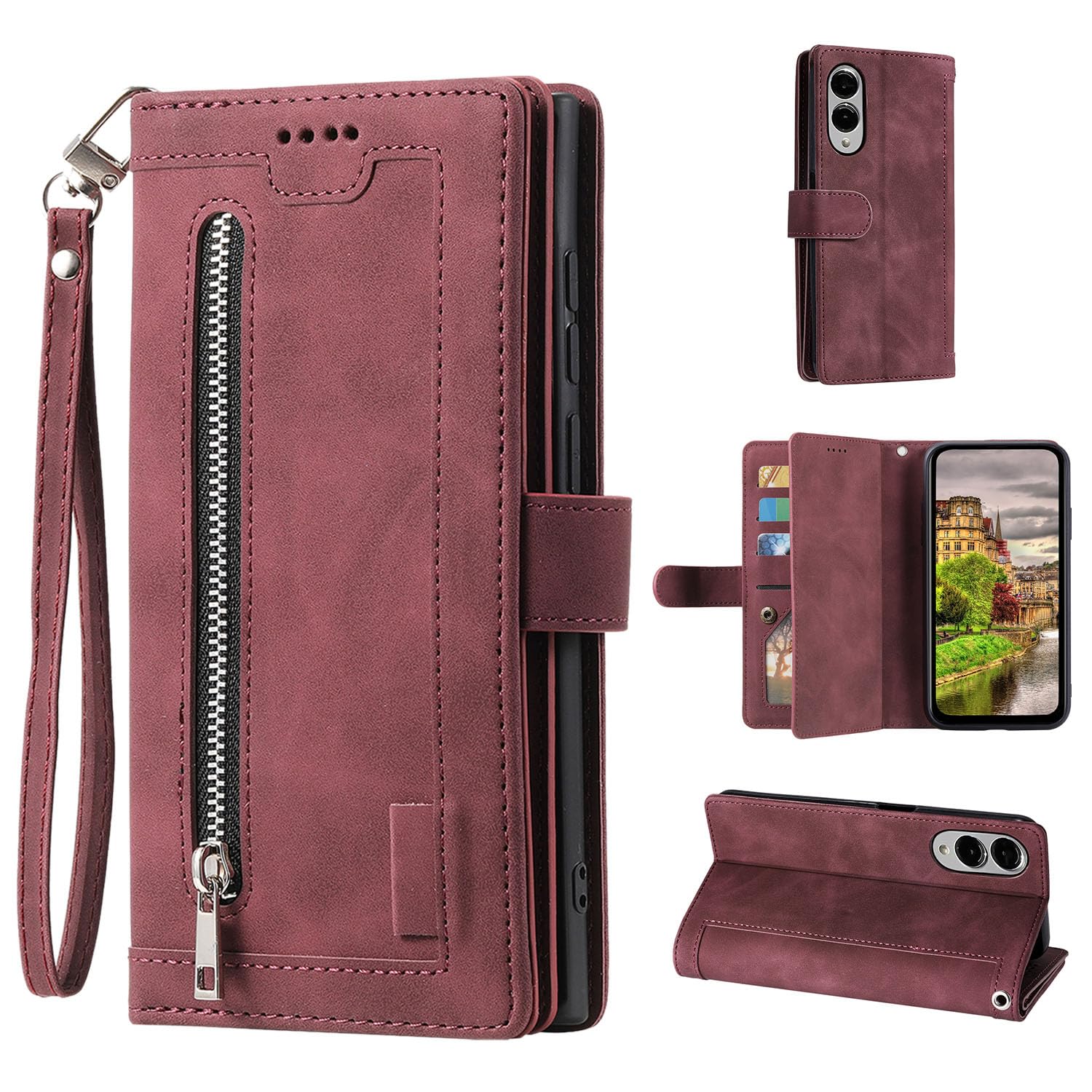 EYZUTAK Wallet Phone Case for Samsung Galaxy S25 Edge, Retro Matte 9 Card Holder Slots Zipper Pocket Handbag Case PU Leather Magnetic Closure Kickstand with Wrist Strap Flip Purse Case - Dark Red