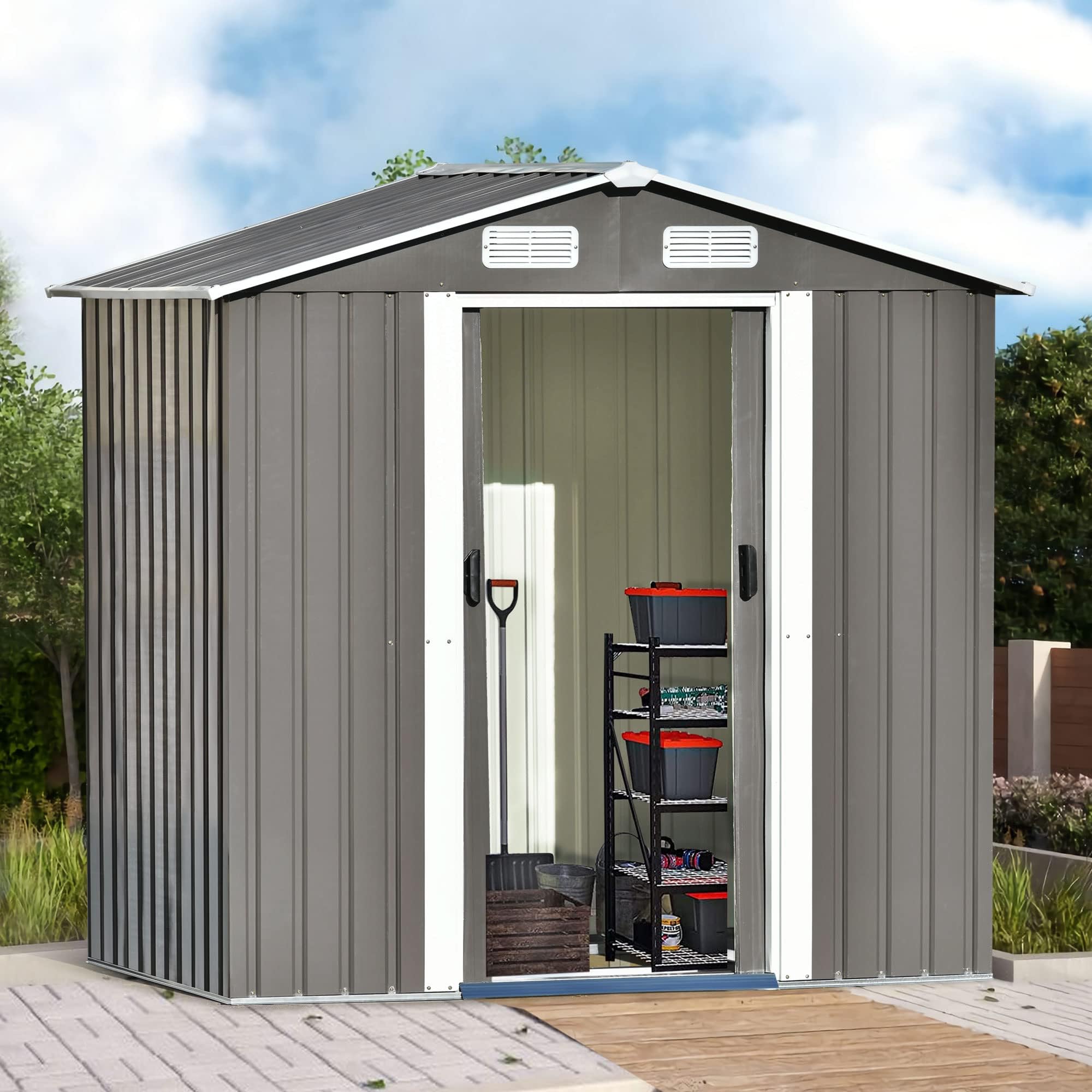 EvedyMetal Storage Shed Organizer,Patio 6ft x4ft Bike Shed Garden Shed, Metal Storage Shed with Lockable Door,Tool Cabinet with Vents and Foundation for Backyard,Lawn,Garden-Gray
