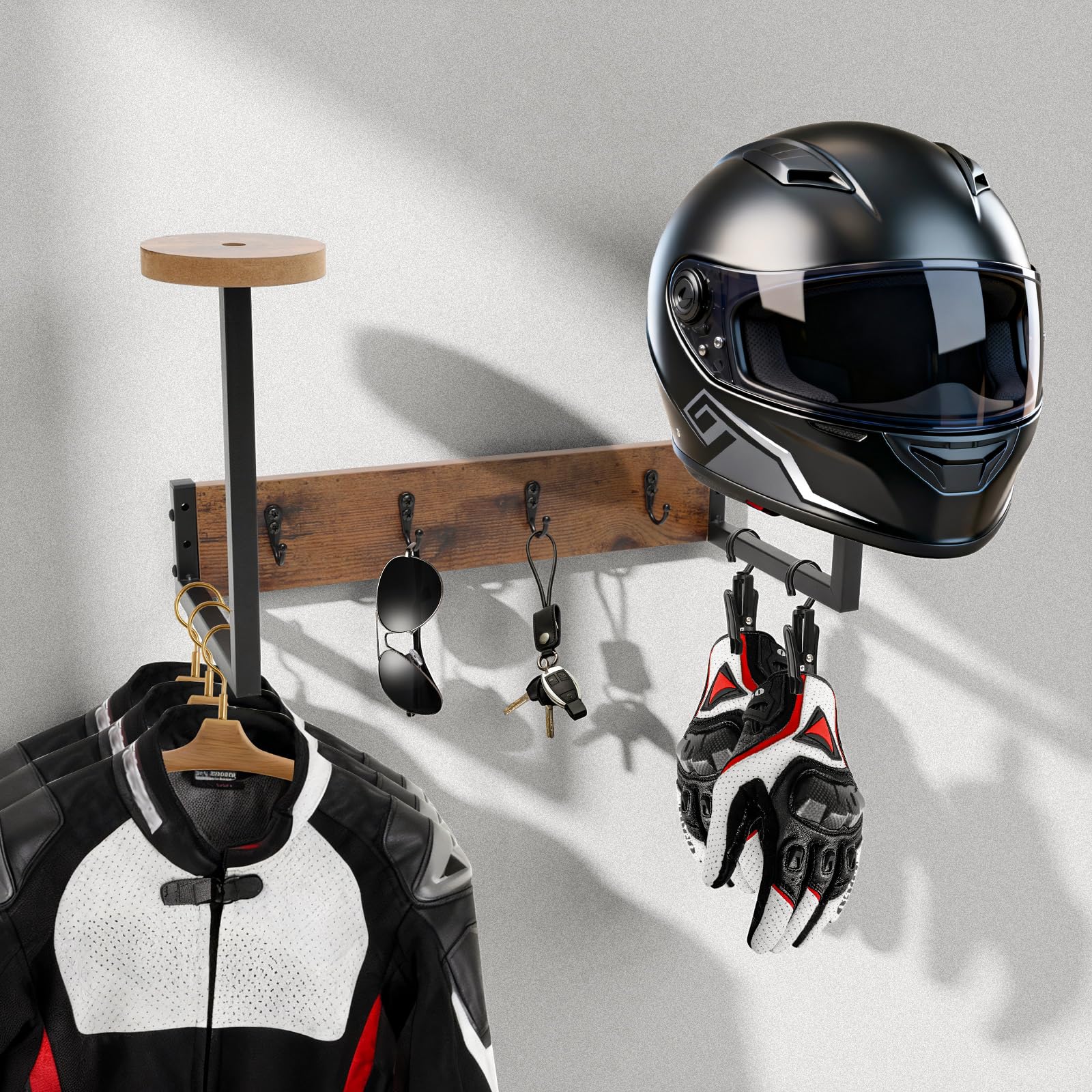 Colgador casco moto pared para evitar caídas y colgar la chaqueta juntos