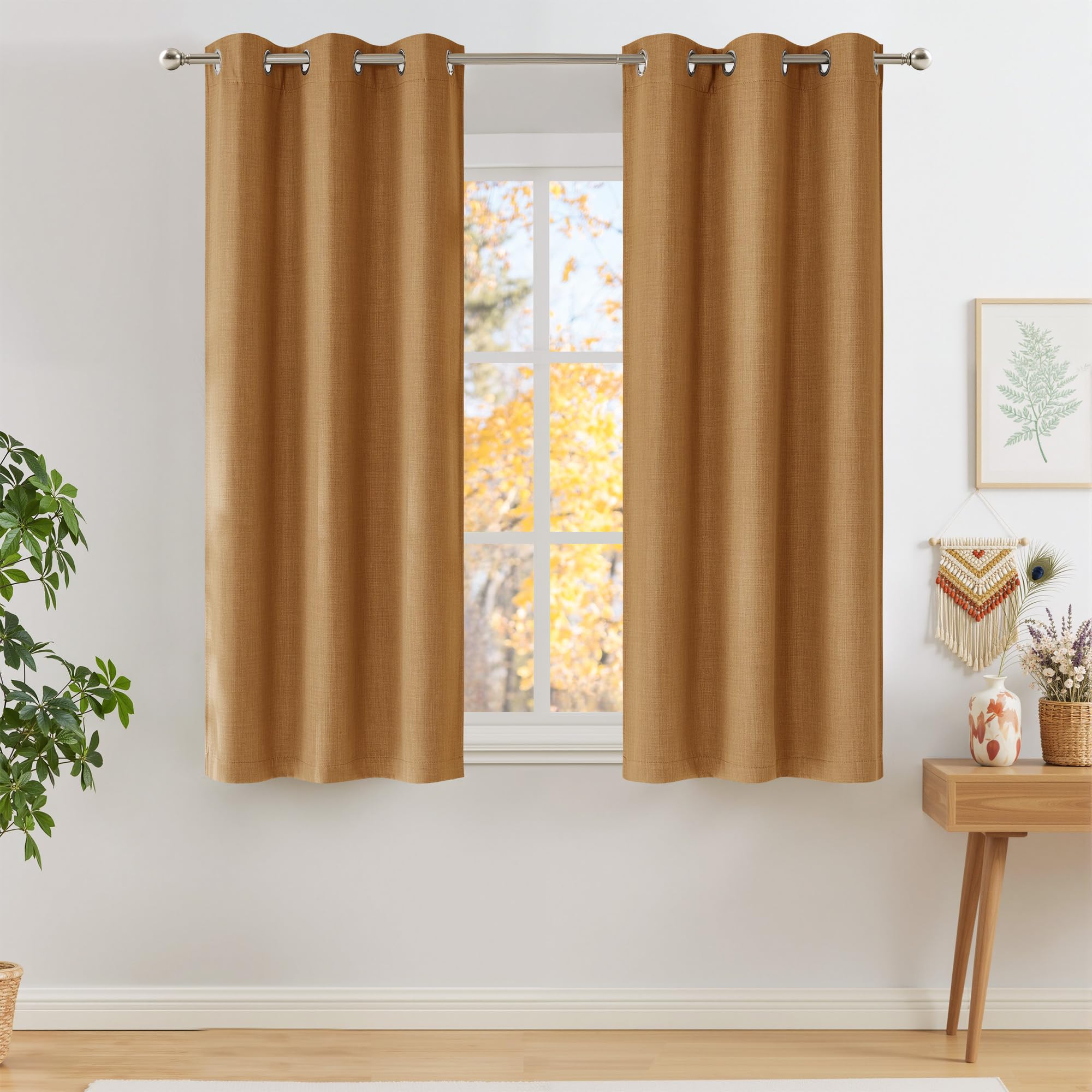 NICETOWN Short Faux Linen Gold Brown Blackout Curtains 63 inches Long for Kitchen - Privacy Panels for Living Room Bedroom, Modern Farmhouse Style Easy Care Grommet Top, 2 Panels, W42 by L63