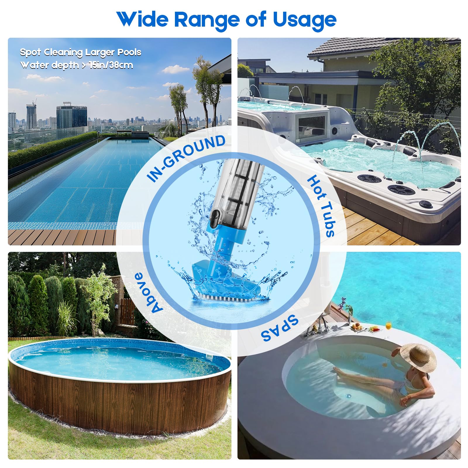 Aspirateur de piscine portatif sans fil avec manche télescopique, aspirateur de piscine rechargeable 3 en 1, nettoyeur de piscine portable pour jacuzzi, piscine hors sol et creusée