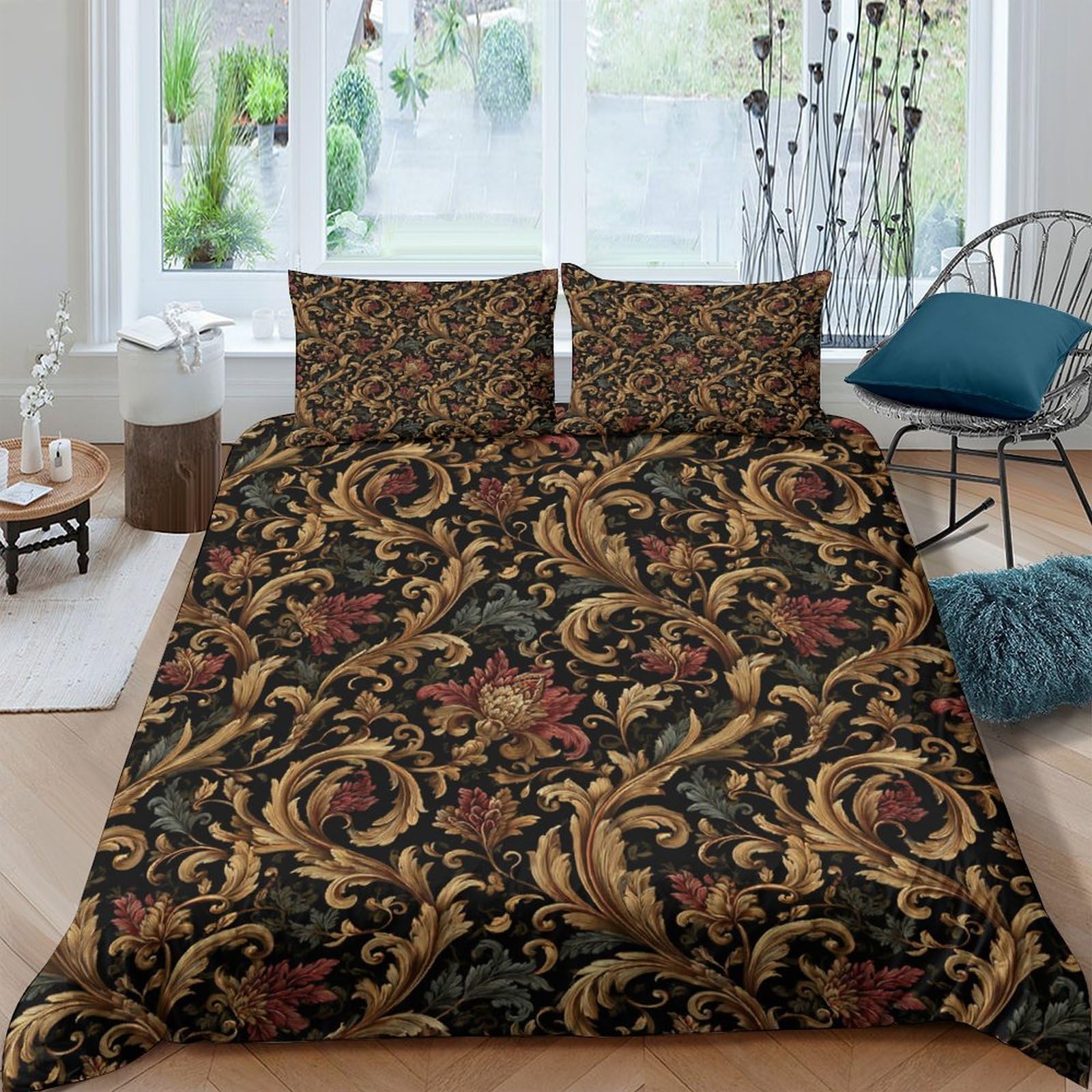 Ctjqhvkz Style-1 3D Printed Baroque Floral Fitted Sheet Microfiber Soft Black Gold Renaissance Bed Cover For Bedroom Decor Single（135X200cm）