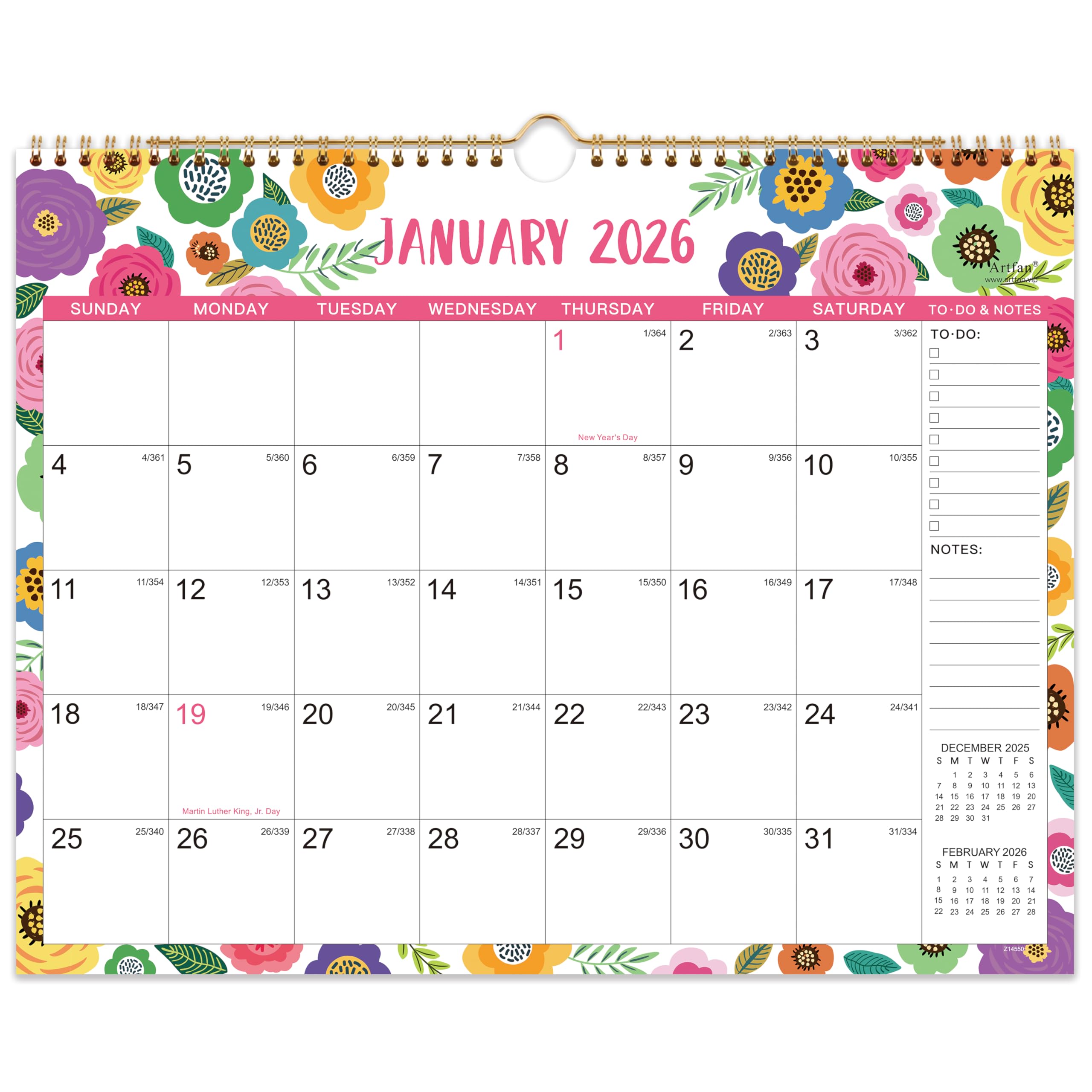 2026 Calendar - 2026 Wall Calendar, 15" x 11.5", JAN.2026 -DEC.2026, 12 Monthly Wall Calendar 2026, Hanging Hook - Clorful Floral