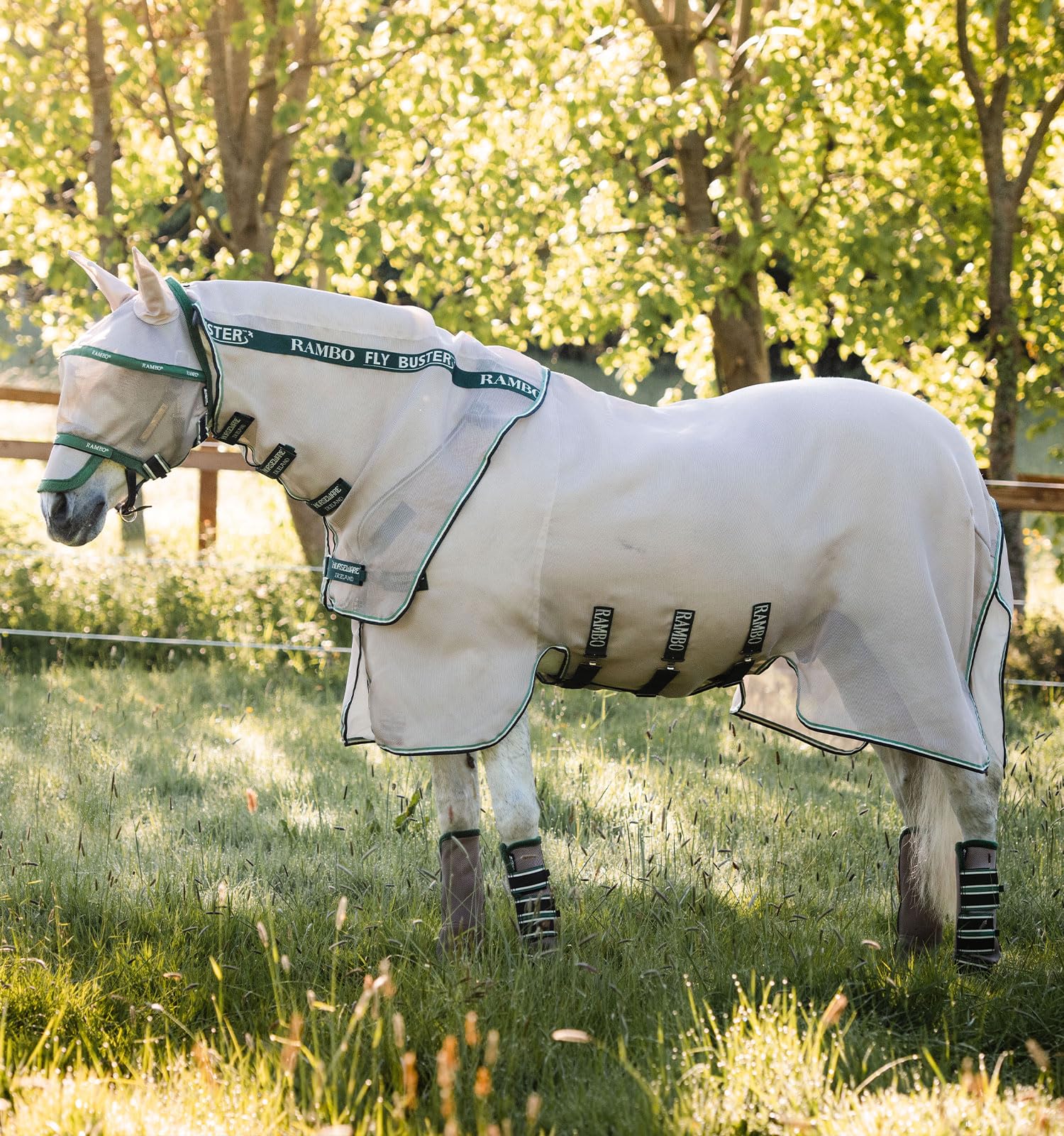 Horseware® Rambo Flybuster with No-Fly Zone™ Fly Sheet - Oatmeal/Sage &amp; Beige &amp; Green, 75 inches