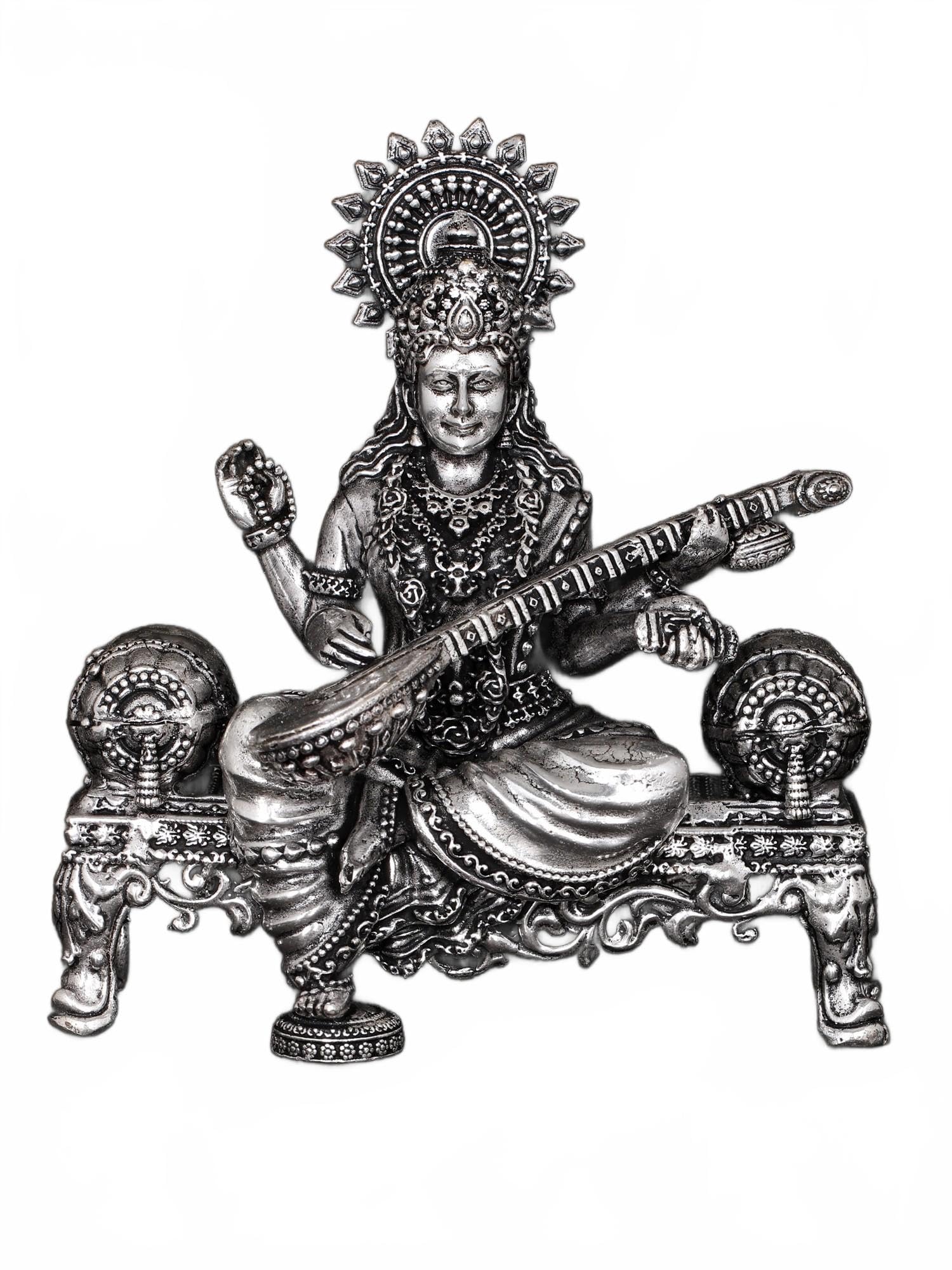 Exotic India Superfine Goddess Saraswati Brass Statue Seated on Singhasan | Maa Saraswati Idol for Puja Murti Home Décor